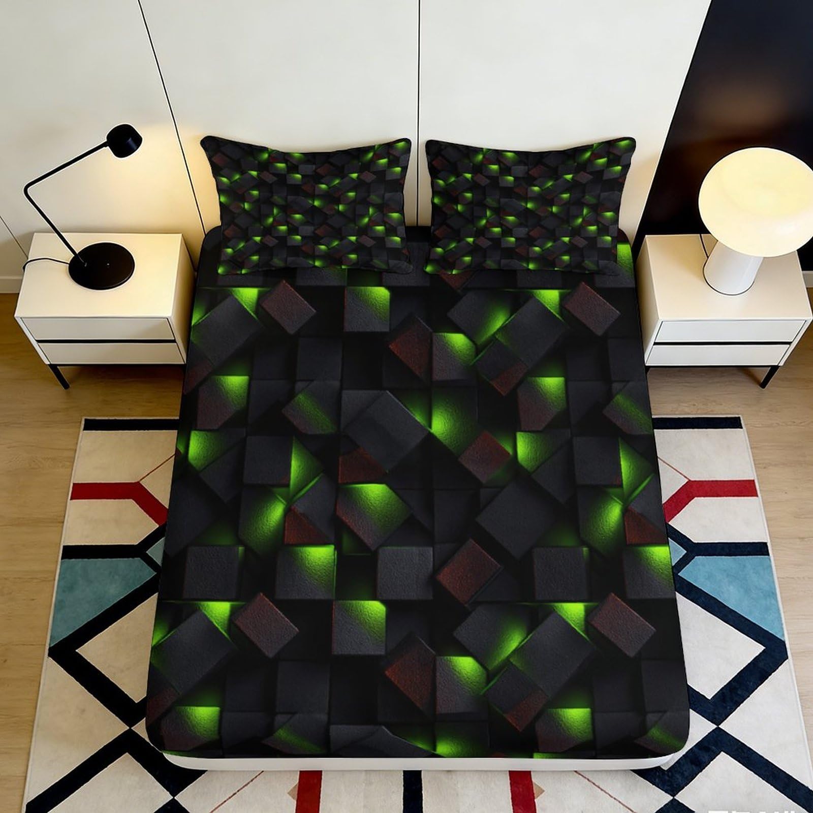 Pnayamiorkfel Style-3 3D Printed Neon Geometric Fitted Sheet Microfiber Soft Breathable Abstract Cube Mattress Cover For Bedroom Guest Room Decor 90X200x25cm