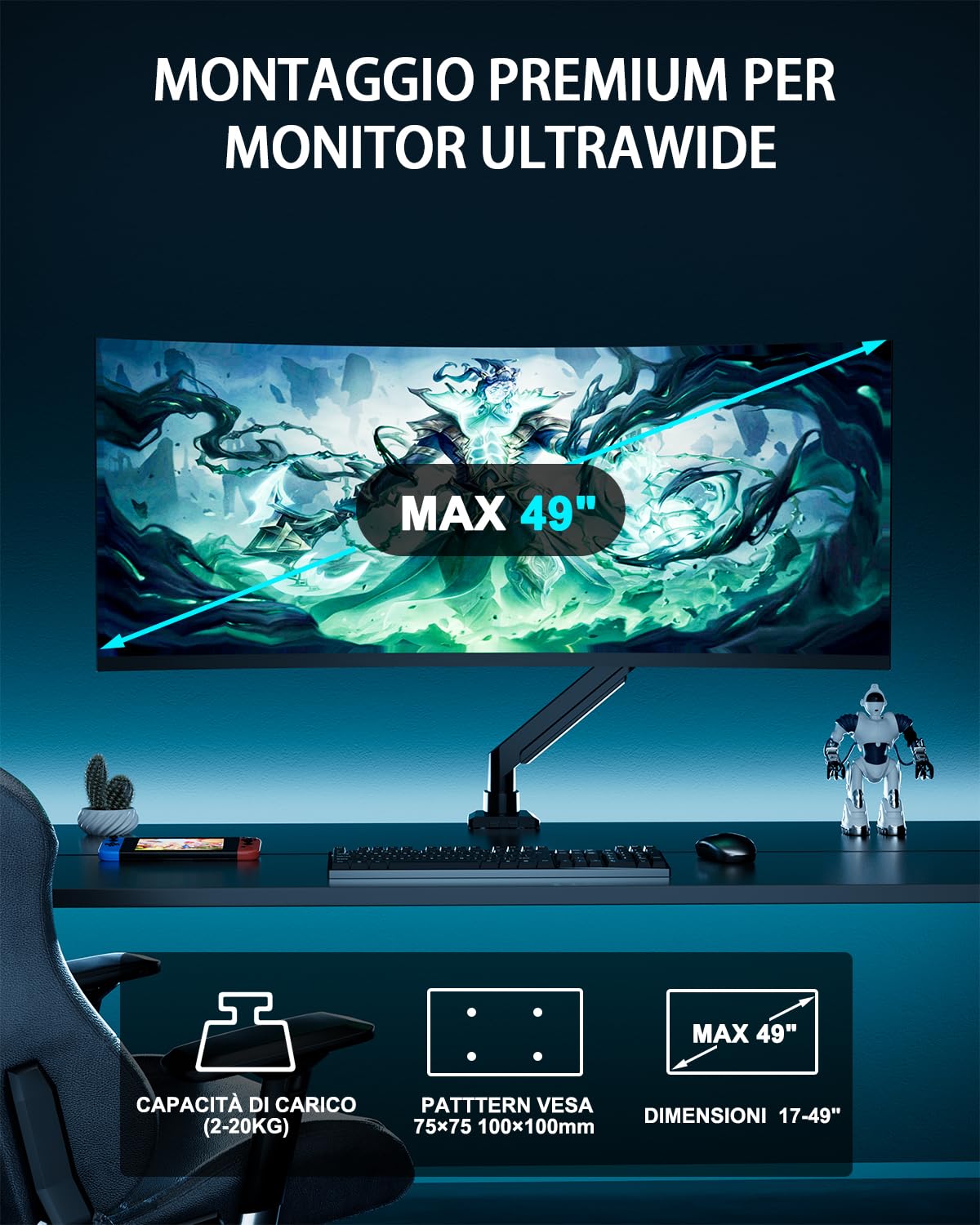Supporto per monitor EP Gear da 17-49 pollici per schermi fino a 20 kg, braccio per monitor curvo ultrawide per impieghi gravosi, supporto per scrivania singolo regolabile, VESA 75x75 mm/100x100 mm