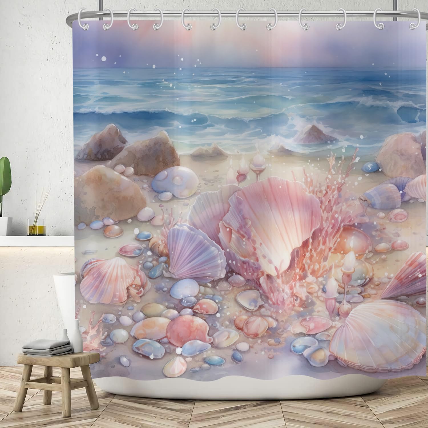 ASDCXZ Beach Shower Curtain 240x180 cm, Watercolor Romantic Rose Purple Bowl Sand Blue Sea Wave Bath Washable Shower Curtains Polyester Textile Waterproof Bath Curtain for Bathtub with 12 Hooks โ image 1