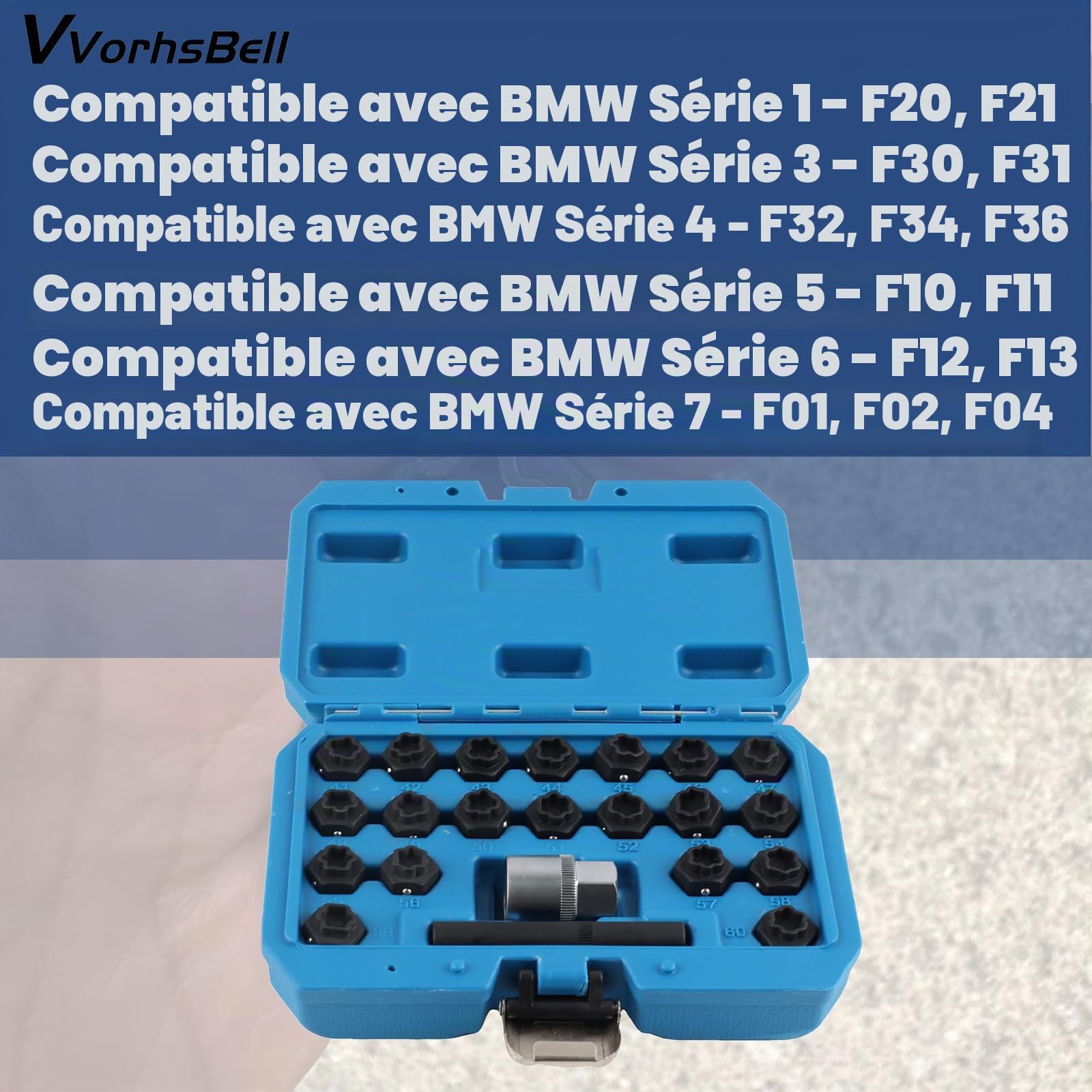 Lot de 22 clés d'écrous de roue compatibles avec BMW F20 F30 F10 F01 Series 1 3 5 7, OEM 36 2 010, kit d'outils de démontage avec adaptateur douille et étui