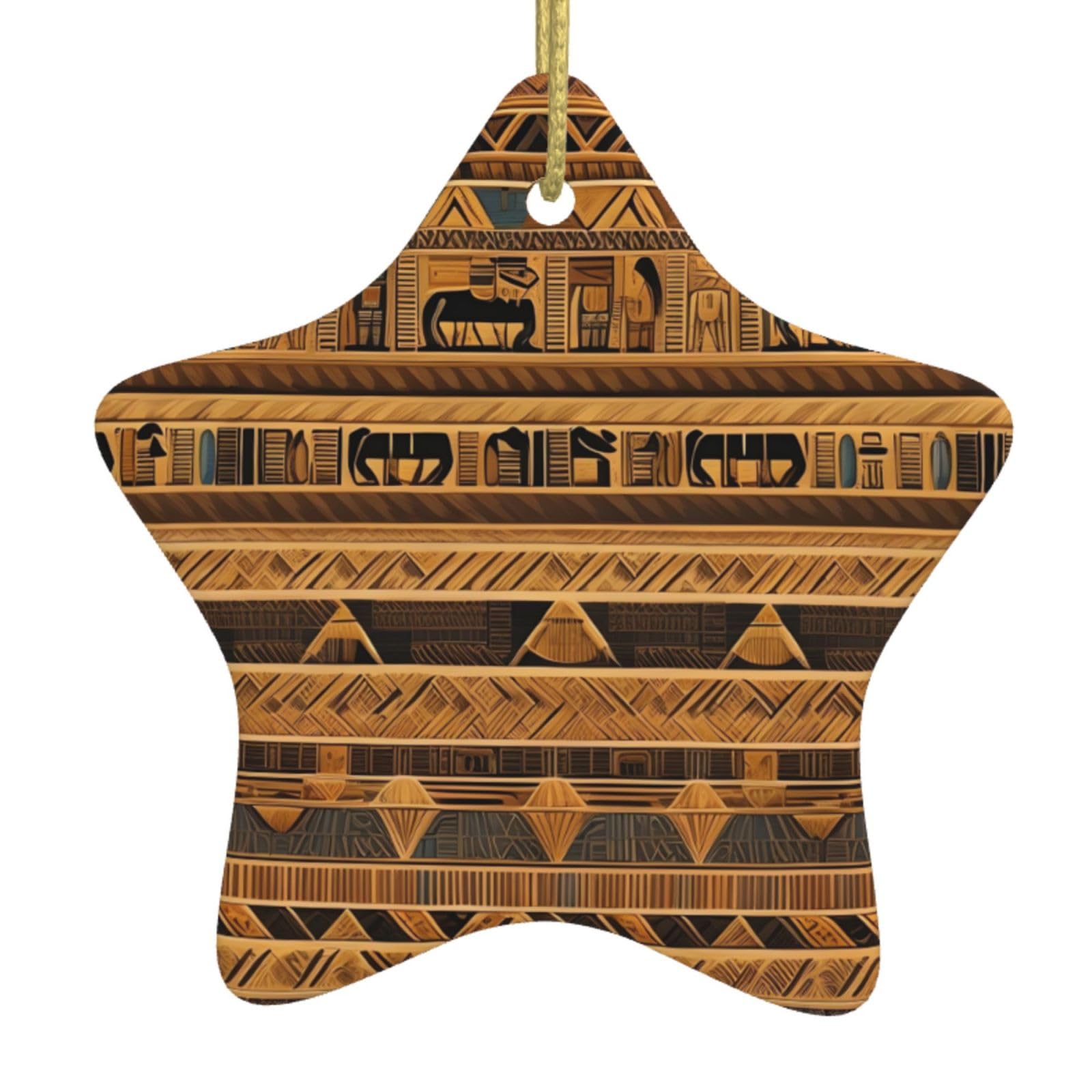 Egyptian Frescoes Christmas Ceramic Star Pendant with Punched Holes and Gold Wire Rope, Christmas Tree Home Decoration