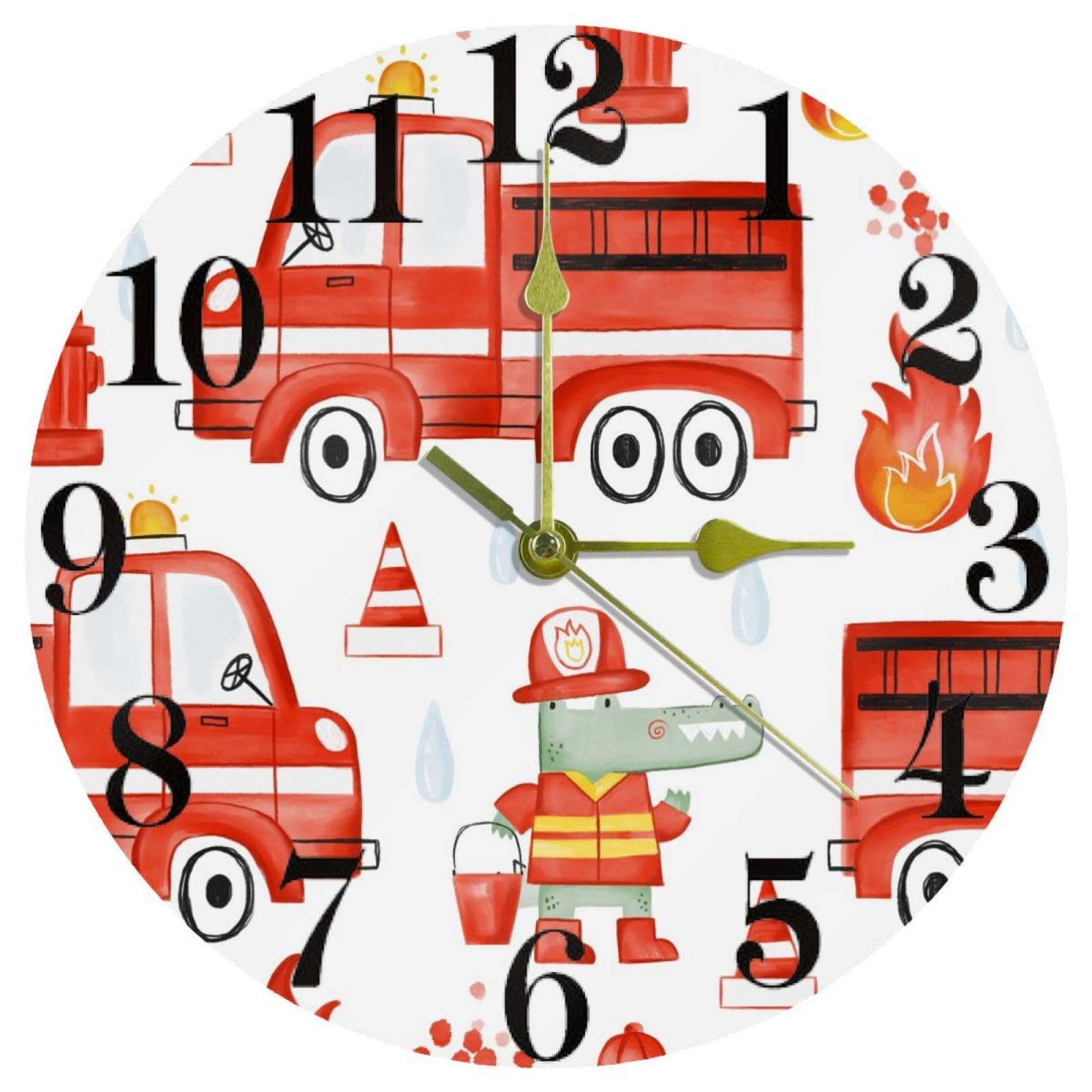 Horloge murale crocodile et pompier silencieuse à quartz pour chambre enfant