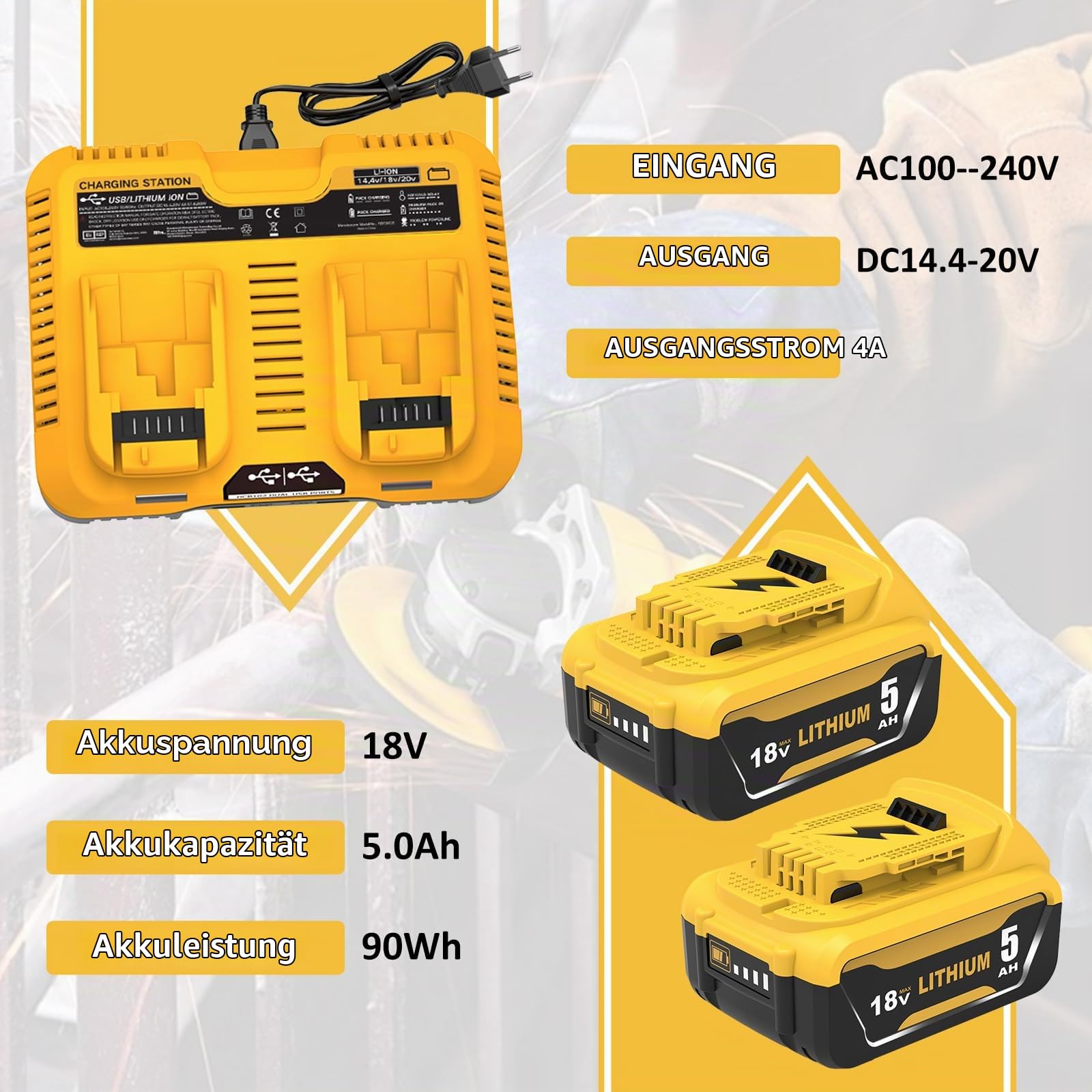 2 Stück 5000mAh Kompatibel für Dewalt Akku 18V und Dual-Ladegerät DCB102 | 1 Stück Kompatibel für Dewalt 14.4V-20V Dual-Ladegerät DCB102