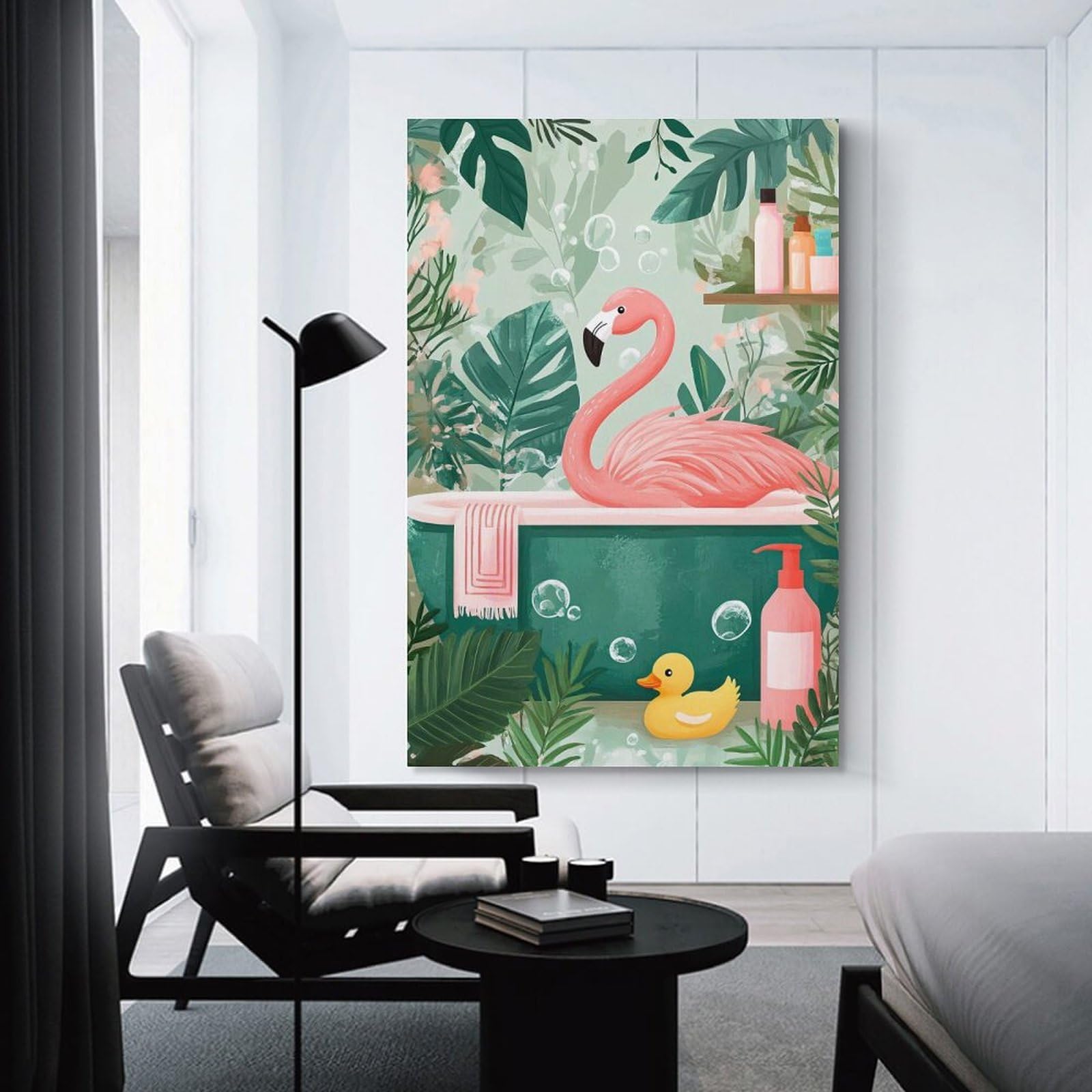Junmoney Flamingo Bath Time Canvas Wall Art, 20x30inch(50x75cm), for Workspace Walls, Study Corners Or Bedrooms, An Interior Accent for Desk Areas