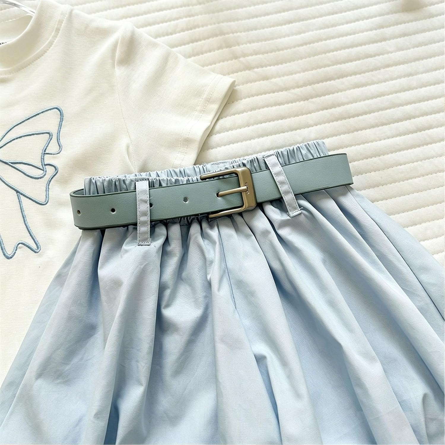 Girls Bow Clothing Set Short Sleeve Crewneck Basic Tee High Elastic Ruched Cloud Skirts Cute Two Piece Summer Outfit