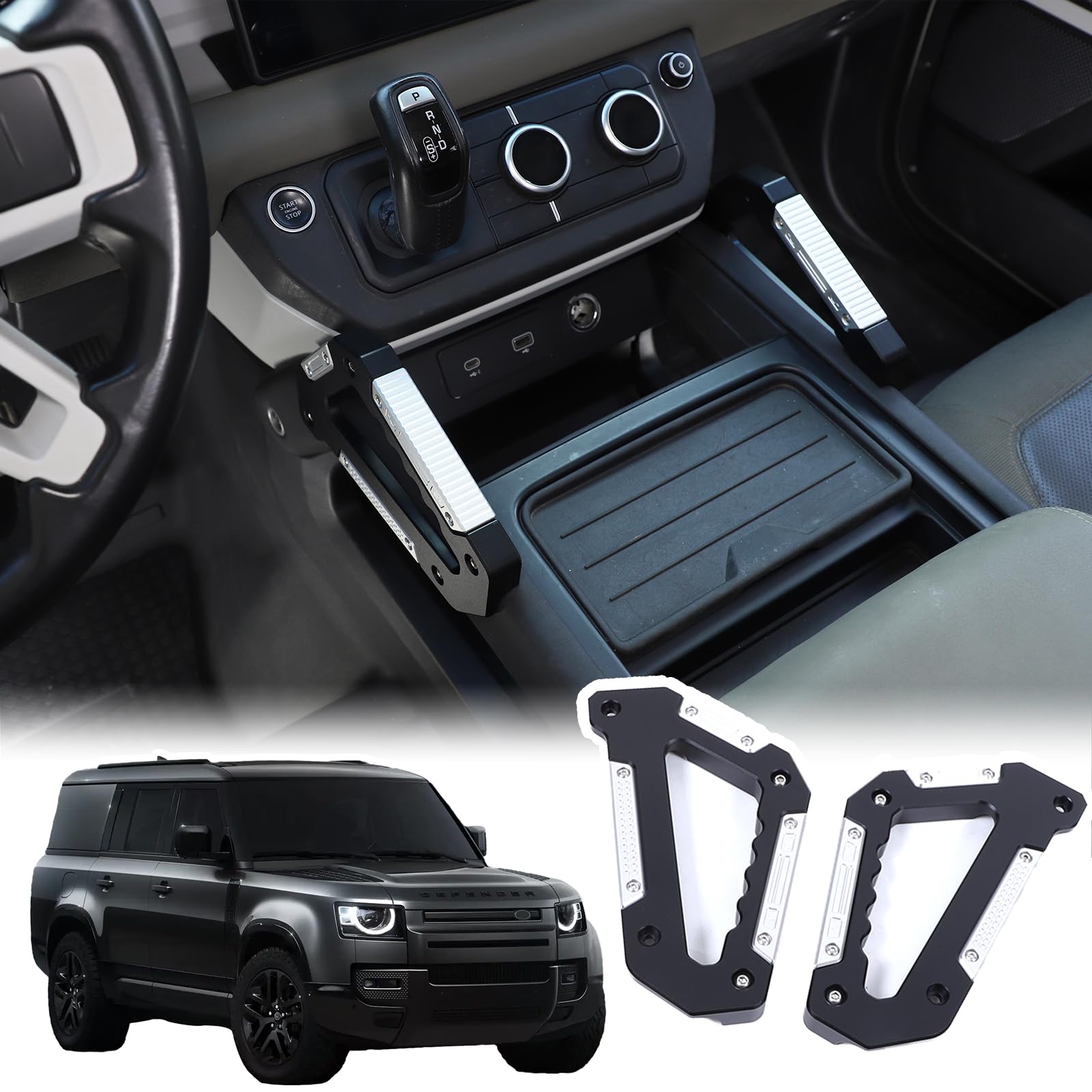 Bekantogy 2PCS Central Control Grab Handles Compatible with Land Rover Defender 90 110 130 2020-2024 Aluminum Alloy Grip Handle for Armrest Both Side Interior Accessories (Black Silve)