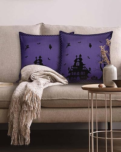 Miniatura 2 de Juego de 2 fundas de almohada de Halloween de 20 x 20 pulgadas, fundas de almohada decorativas de fantasma, castillo embrujado, para cama, sofá,