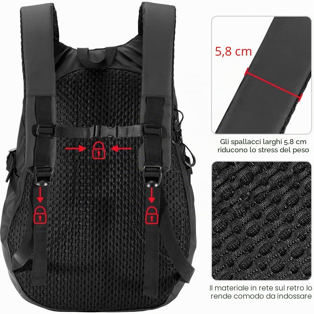 ILM Zaino Donna Uomo Multifunzionale-Zaino Scuola Moto Impermeabile con Strisce Riflettenti di Grande Capacità, Nero, Modello MB01