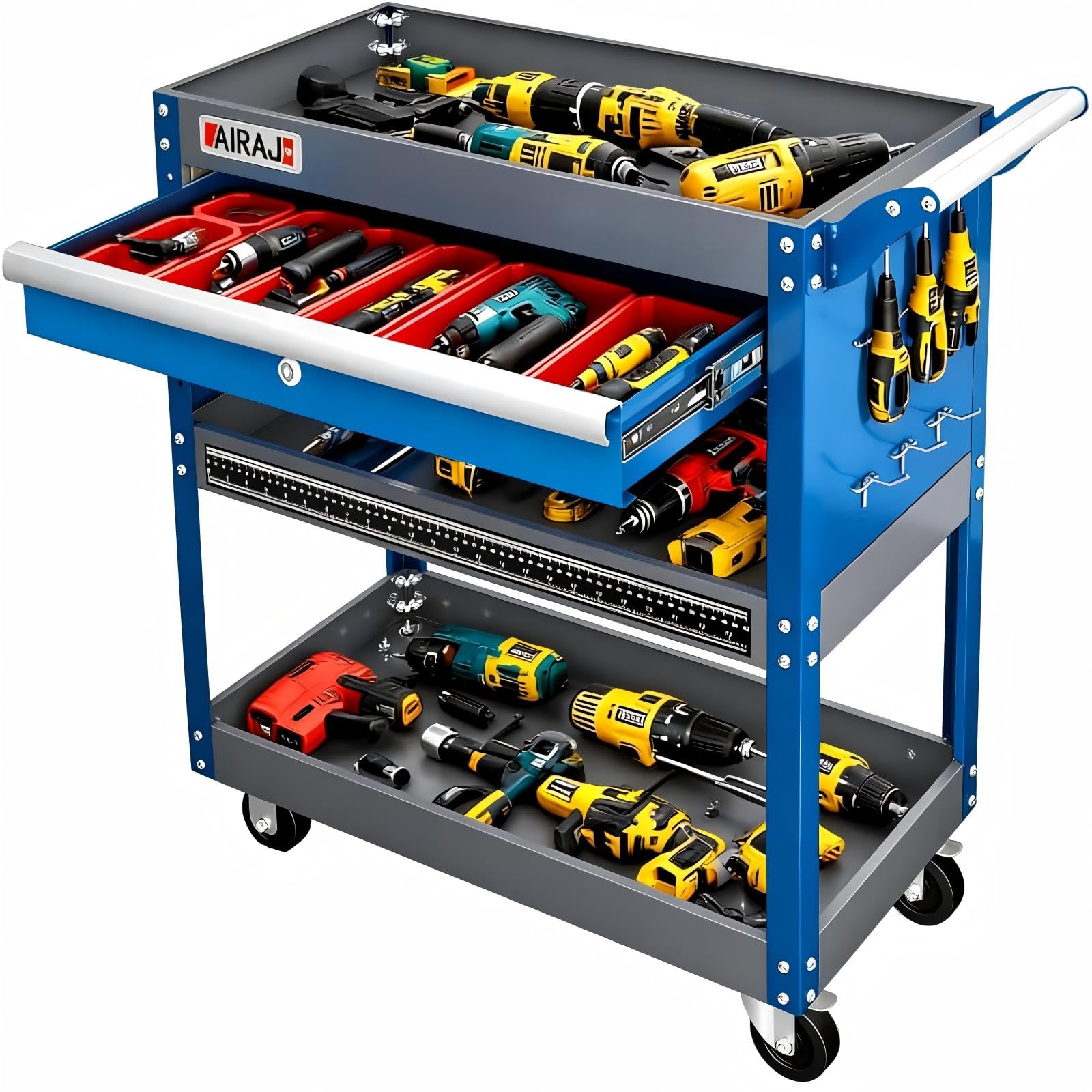 AIRAJ Carrello porta utensili, Carrello per Attrezzi Resistente, metallo con grande cassetto e rastrelliera, capacità di carico 200kg, può contenere attrezzature pesanti.