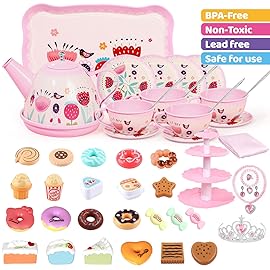 Tea Party Set for Little Girls, 49PCS Princess Tea Time Toys Including Tea Set Dessert Carrying Case, Kids Kitchen Pretend Playset, Montessori Toys for Toddlers 3 - 8 Year Old Girl Birthday Gifts