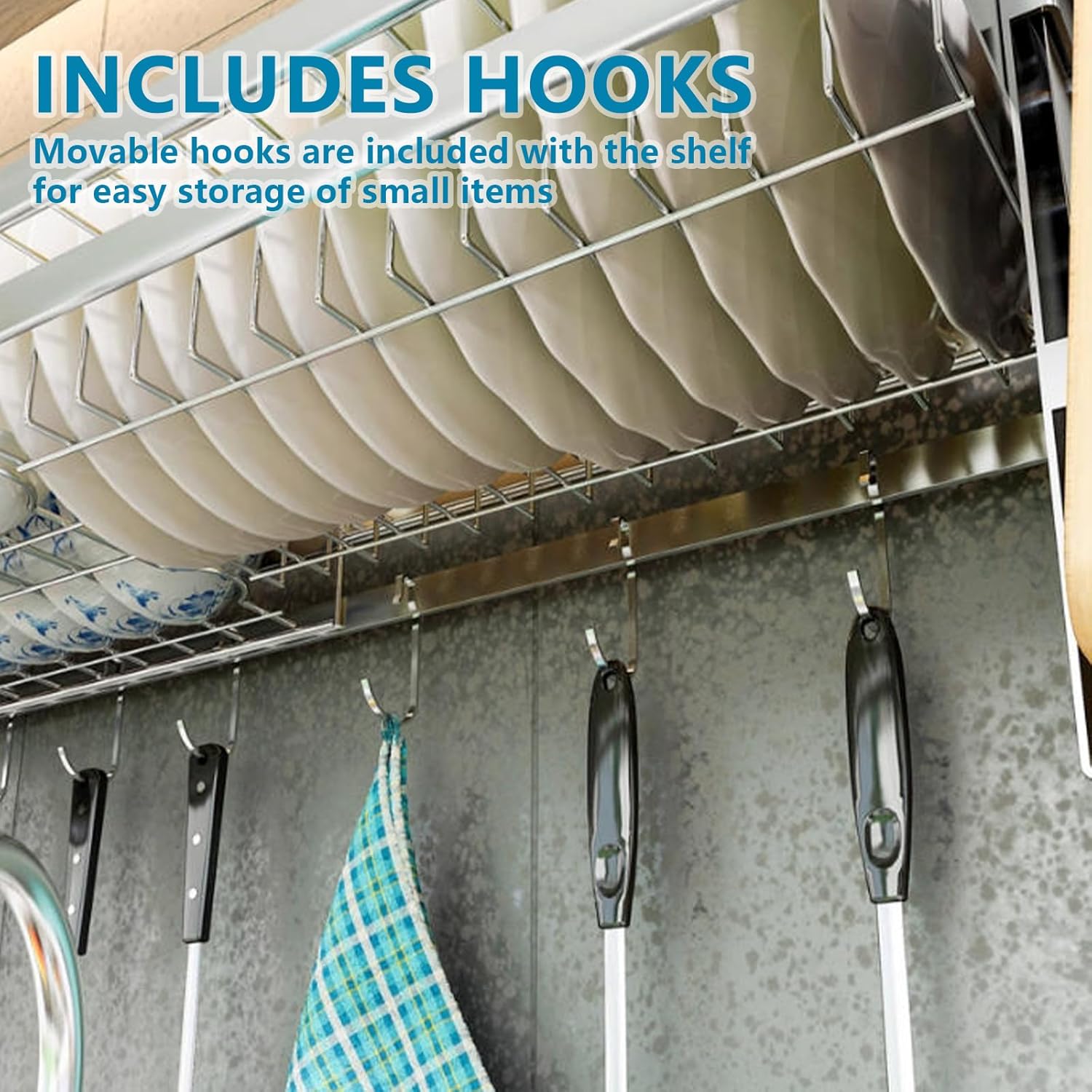 2Tier Wall Mounted Dish Drying Rack, Stainless Steel Hanging Dish Drainer with Drain Tray, Large Capacity Kitchen Storage Shelf with Utensil Cutlery Holder, for Plates Bowls & Mugs (31.5x11.8x19.7in)