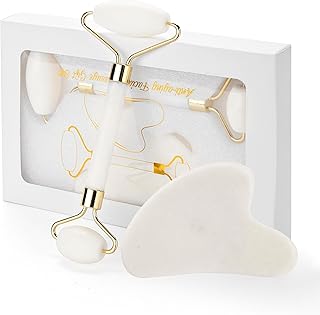 Natural White Jade Stone Gua Sha & Facial Roller Set: Deluxe Self-Care Kit for Puffy Eyes and Neck Massage