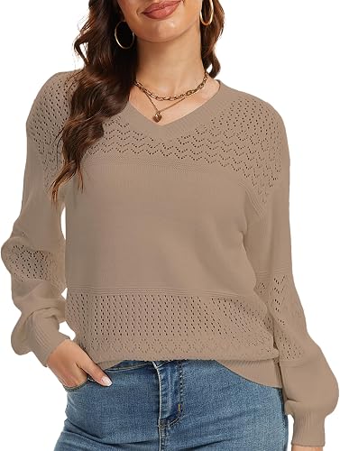 LUXEBOLD Women's Sweaters Lightweight Casual Pullover Sweater Long Sleeve Knit L