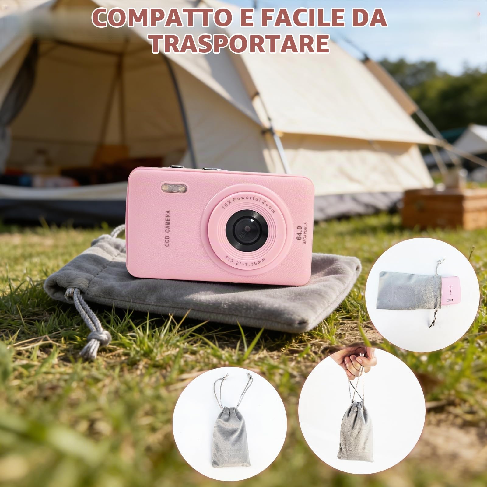 Fotocamera digitale, 16MP 1080P FHD con display da 2,4 pollici, zoom 16x, autofocus, anti-shake, fotocamera compatta e portatile entry-level per foto e video, Rosa