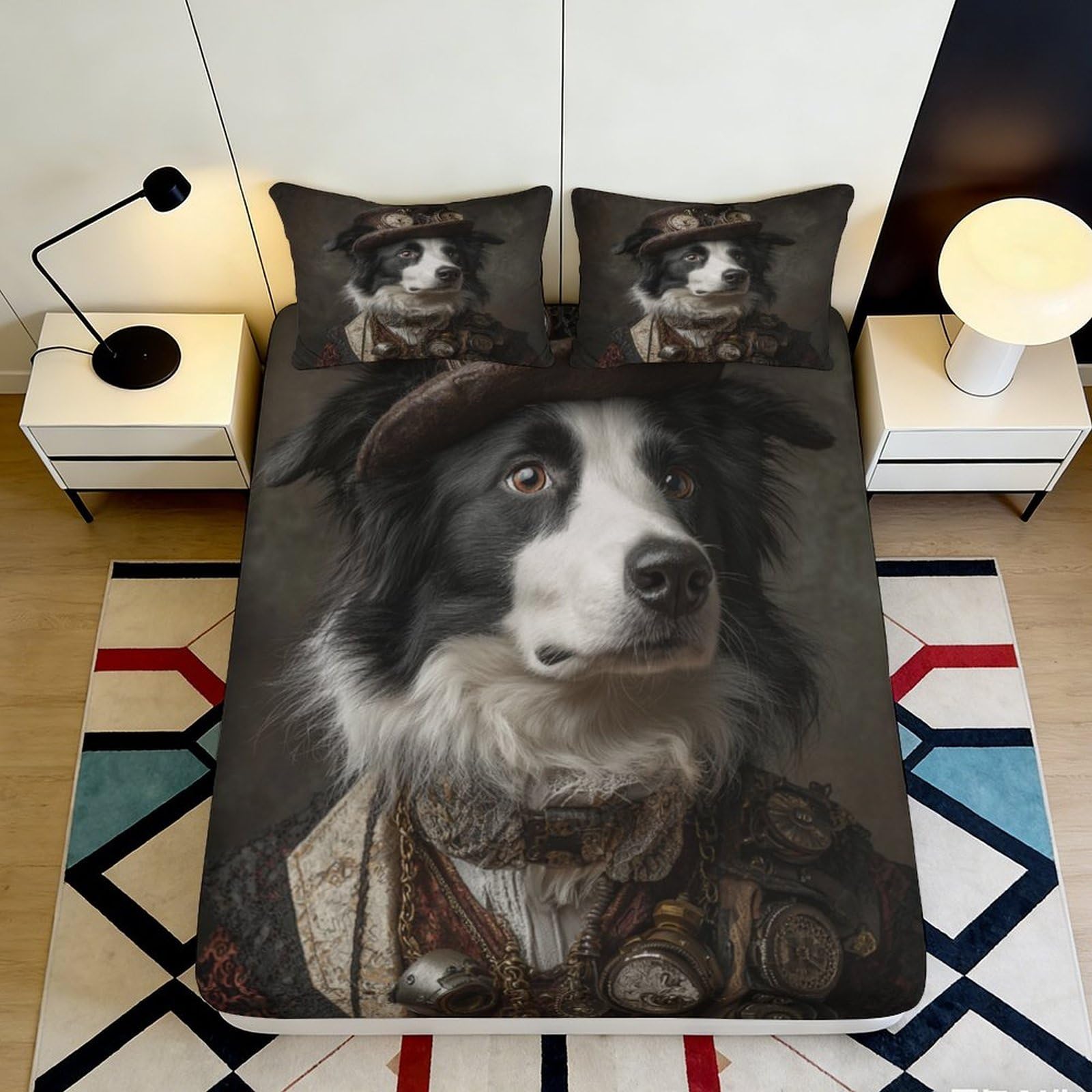 Pnayamiorkfel Style-1 3D Printed Vintage Dog Portrait Fitted Sheet Microfiber Anti-Slip Bed Cover For Bedroom Guest Room Decor 90X200x25cm