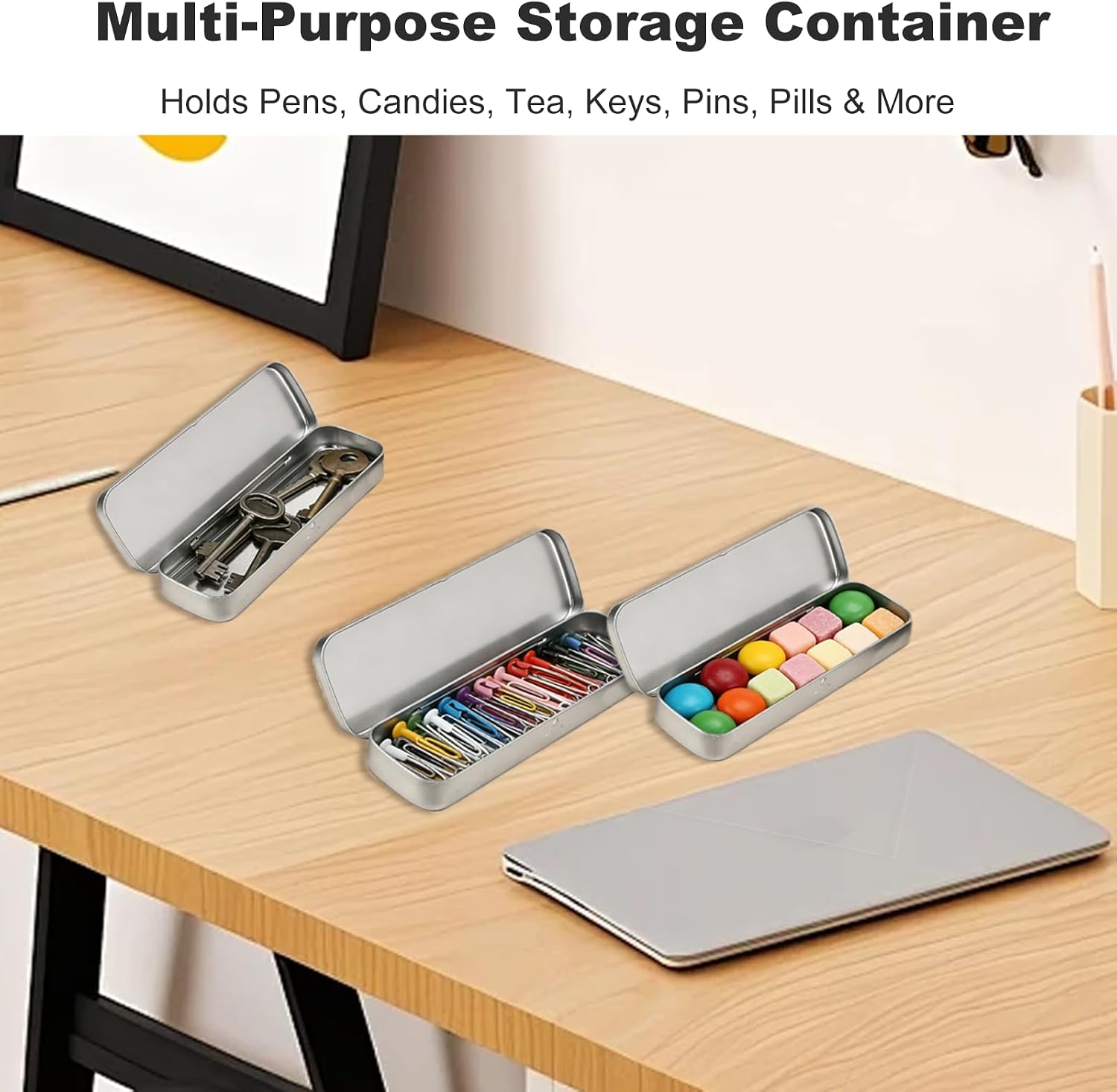 Metal Pencil Box Tin Case Small Tins with Lid Empty Rectangular Boxes for Storage of Pencils Brushes Crayons Durable Hinged Metal Case for Office Art Supplies image 4