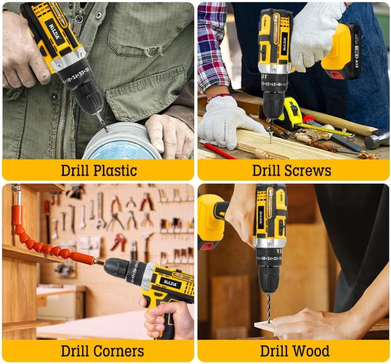 Cordless Drill 21V Electric Screwdriver 3/8 Inch Keyless Chuck 25+1 Clutch Electric Drill with Work Light Power Screwdriver