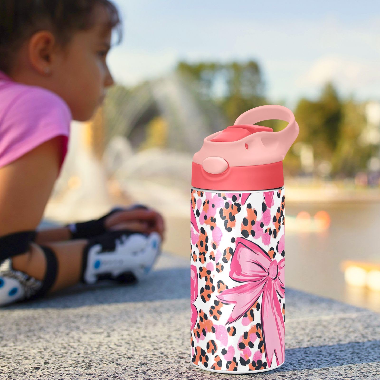 Borraccia termica per bambini con stampa leopardata e fiocco rosa, tazza da viaggio con cannuccia e manico, tazza in acciaio inox, per viaggi, scuola, ragazze, 350 ml