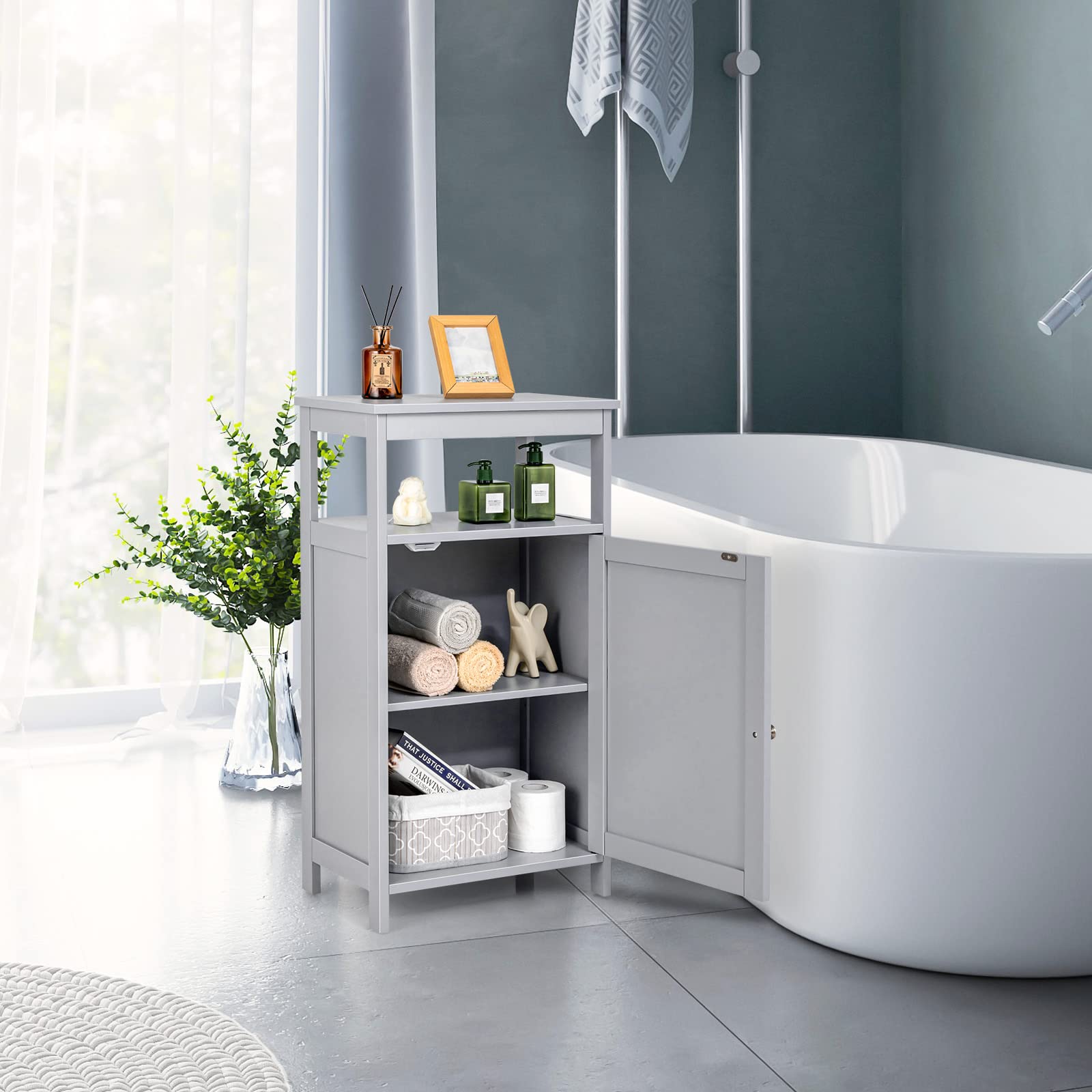 COSTWAY Armario Baño, Mueble Baño con Estante y 1 Puerta, Estante Ajustable, Mueble Auxiliar Baño, 45 x 30 x 84 cm, Salón, Cocina (Gris)