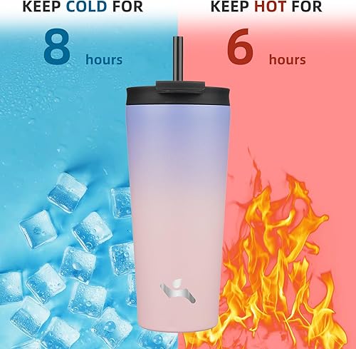 Miniatura 3 de Vaso aislado de 22 onzas con tapa y 2 pajillas, botella de agua de acero inoxidable, taza de viaje al vacío, taza de café, puesta de sol pastel