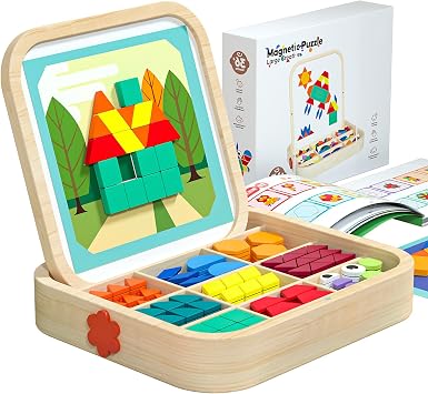 288 PCS Wooden Magnetic Pattern Blocks Set Montessori Tangram Puzzle with Pattern Cards & Storage Bag | Preschool Montessori Brain Teaser, STEM Gift for 4-8 Years Old