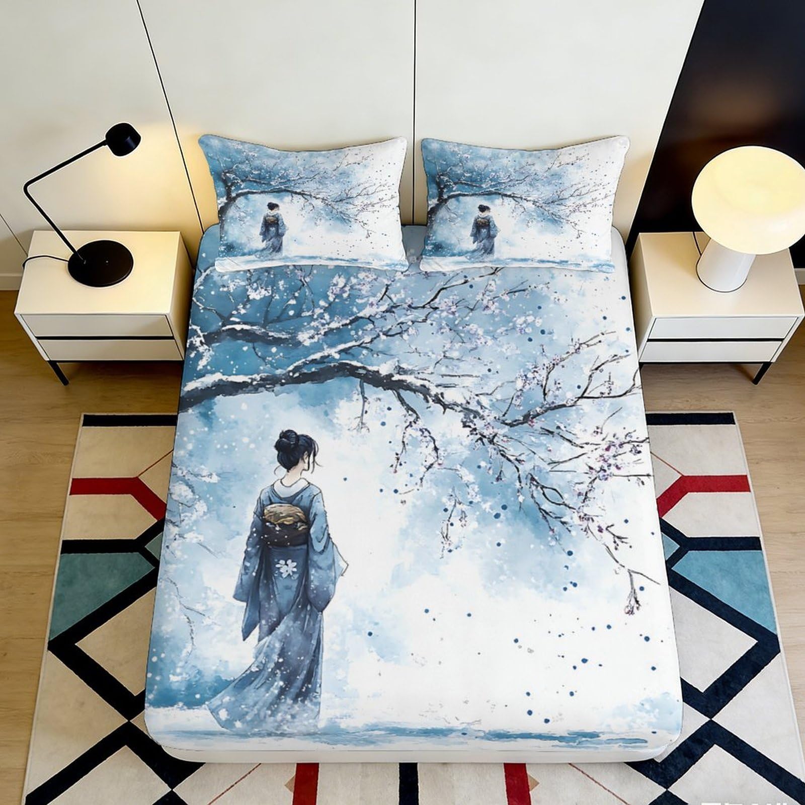 Pnayamiorkfel Style-4 3D Printed Sakura Geisha Fitted Sheet Microfiber Soft Breathable Japanese Art Mattress Cover For Bedroom Dorm Decor 90X200x25cm