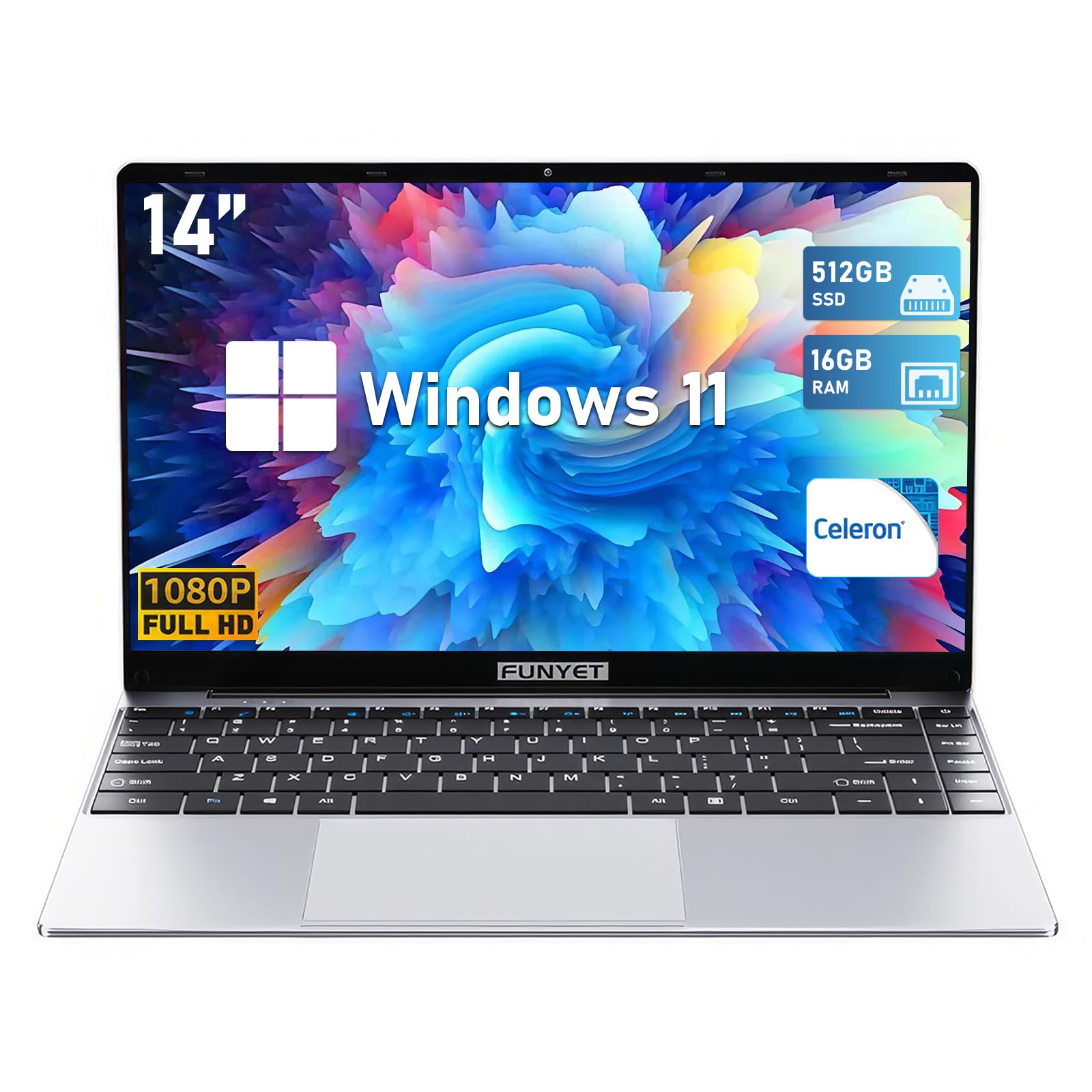 FUNYET Laptop PC 14 Inch Notebook N5095 Win 11 Computer 16GB RAM,512GB SSD Supports SSD Card Extended TF Card, Wireless Bluetooth 180° Rotation