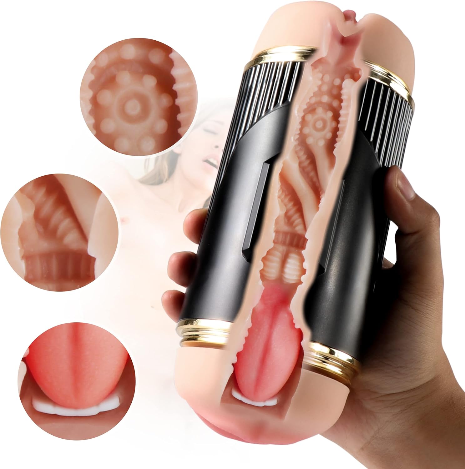 Male Masturbator Cup, Double-end Vibrating Masturbation Cup with 3D Realistic Va-gina and Oral Sex 3 Speed 7 Frequency Lifelike Pocket Pussy Male Masturbators Toy Adult Male, Sex Toy for Men