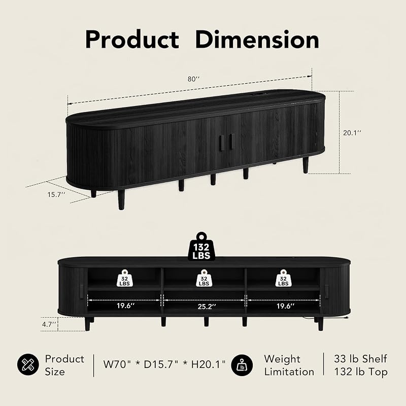MXV 80" TV Stand with Sliding Doors for Living Room, Mid Century Modern Entertainment Center, TV Console with Fluted Door Cabinets and Power Outlet, Black image 2