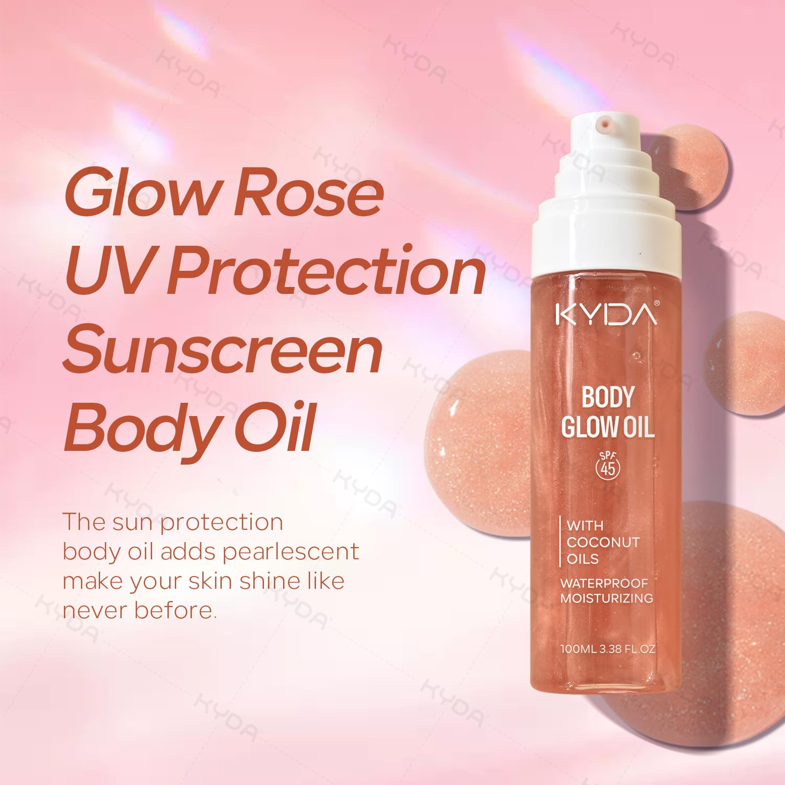 Aceite corporal brillante, SPF 45 de amplio espectro, aceite corporal protector solar con mica oro rosa, cocos hidratantes, protector solar de verano, hidratante resistente al agua, 3.38 onzas 2
