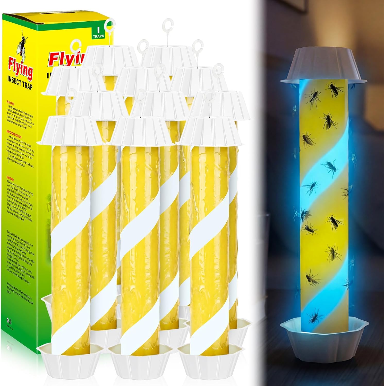 12 Pack Glow in the Dark Fly Sticks Outdoor & Indoor Sticky Fly Traps with Blue Fluorescent Night Attraction Light-Absorbing UV for Mosquitoes Flies Waterproof Hanging Catcher (Black)