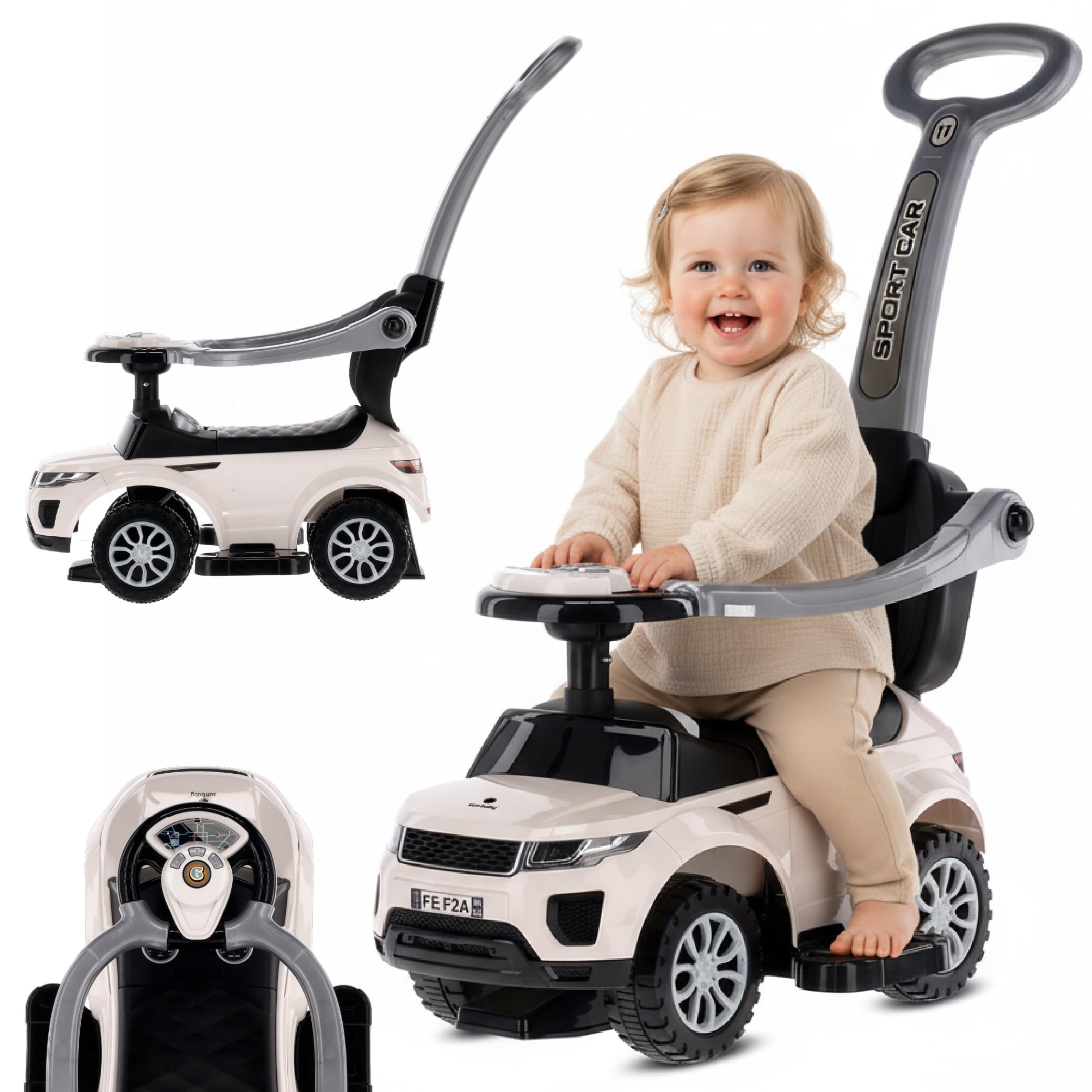 4in1 Kids Slide Car, from 1 Years, Push Car with Horn and Music, Space to Store Things Under the Seat (White)