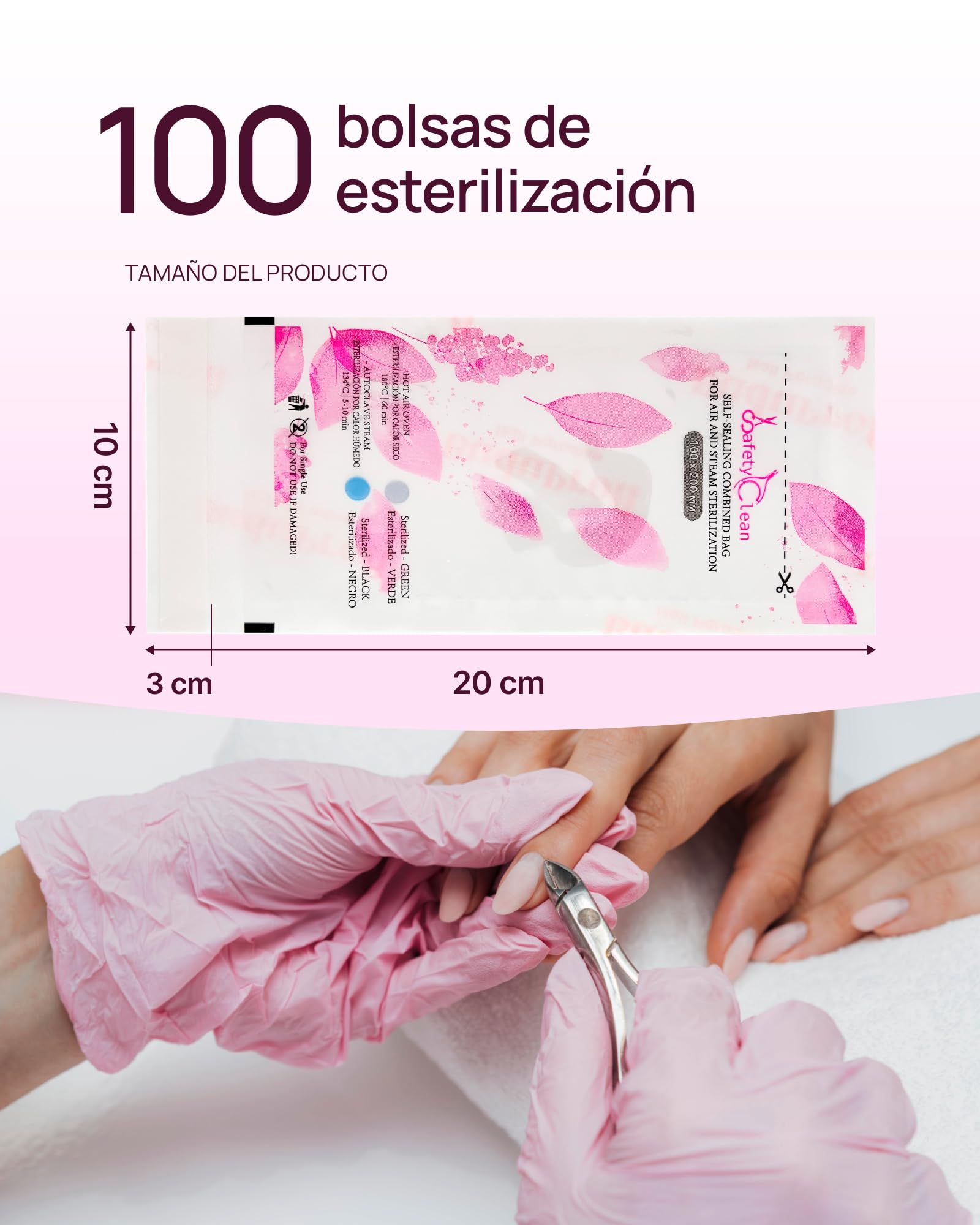 Safety Clean Bolsas de Esterilización Transparentes Indicador Autoclave Manicura Pedicura