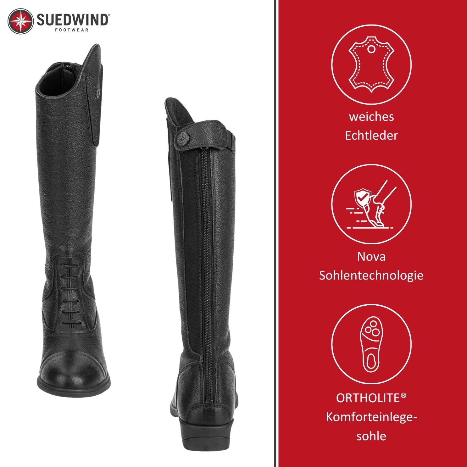 SUEDWIND FOOTWEAR Kinder-Reitstiefel aus Leder Nova Kids Fun Leather – Stiefel zum Reiten – Derby-Schnürung, Reißverschluss, Komfort-Innensohle & auswechselbare Patches – schwarz – 35-41