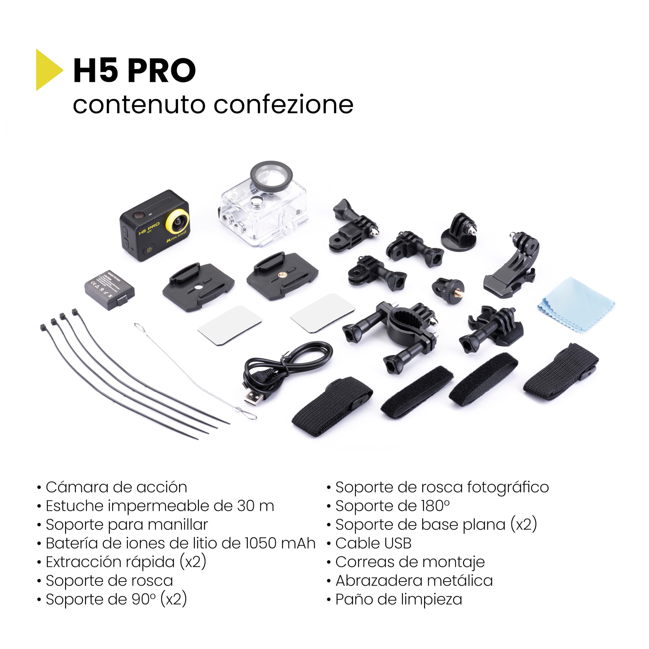 Midland - Action Cam H5 Pro, Cámara Acción Deportiva Ultra HD con Wi-Fi, Time Lapse, Gran Ángulo 140°, Pantalla LCD - Dash Cam Coche con Grabación en Bucle, Cámara Acuática con Estuche Impermeable 30m