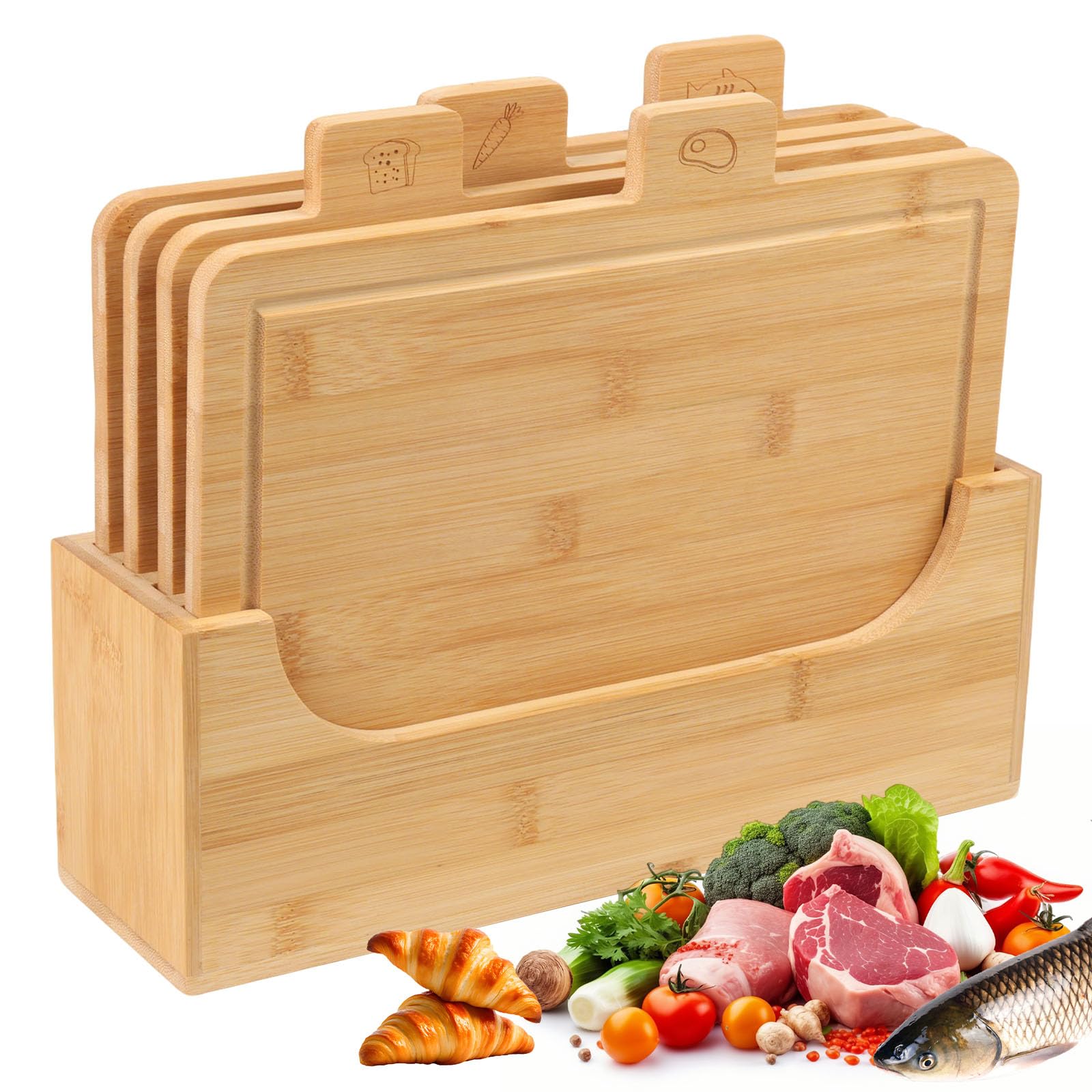 Juego de 4 tablas de cortar de bambú para cocina, tablas de cortar con soporte, tablas de cortar para carne, verduras, pescado y pan