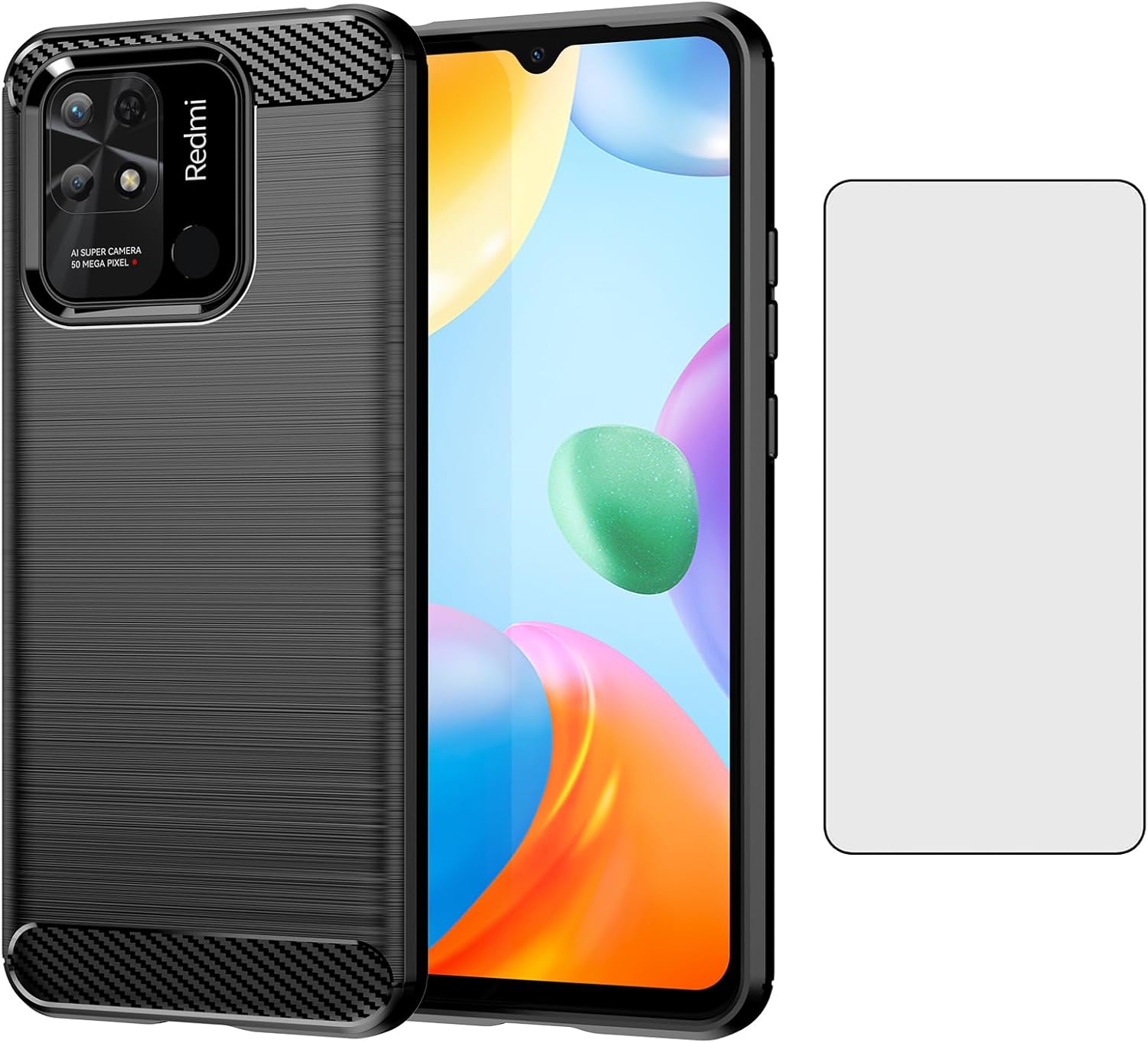 Asuwish Phone Case for Xiaomi Redmi 10C 4G/Poco C40 with Tempered Glass Screen Protector Cover and Cell Accessories Soft TPU Silicone Protective Redmi10C C10 10 C Women Men Carbon Fiber Navy Black