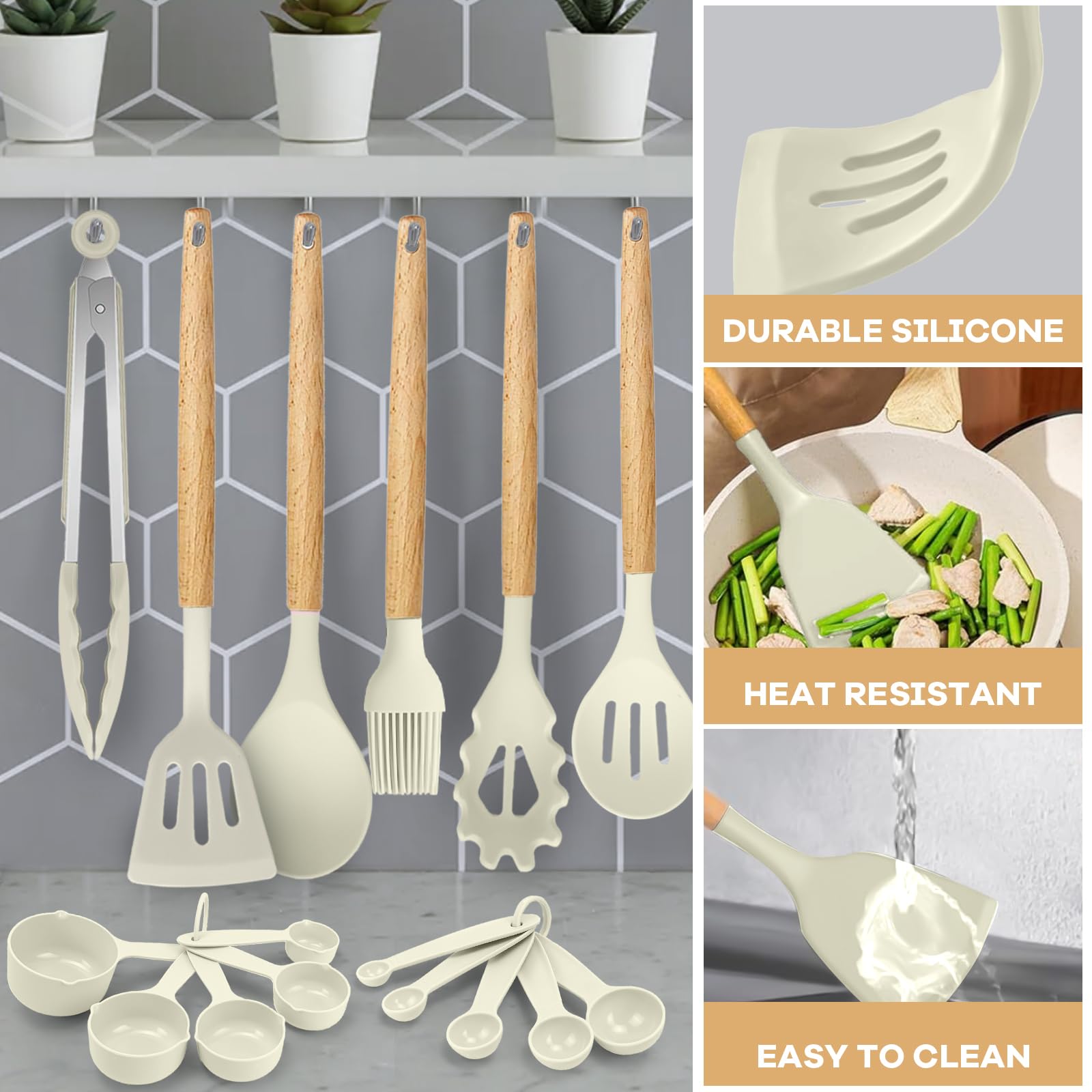 Utensilios de Cocina de Silicona 22 Piezas, set di utensili da cucina per pentole antiaderenti, al Calor y Antiadherentes con Mango de Madera para Utensilios sin BPA (Caqui)