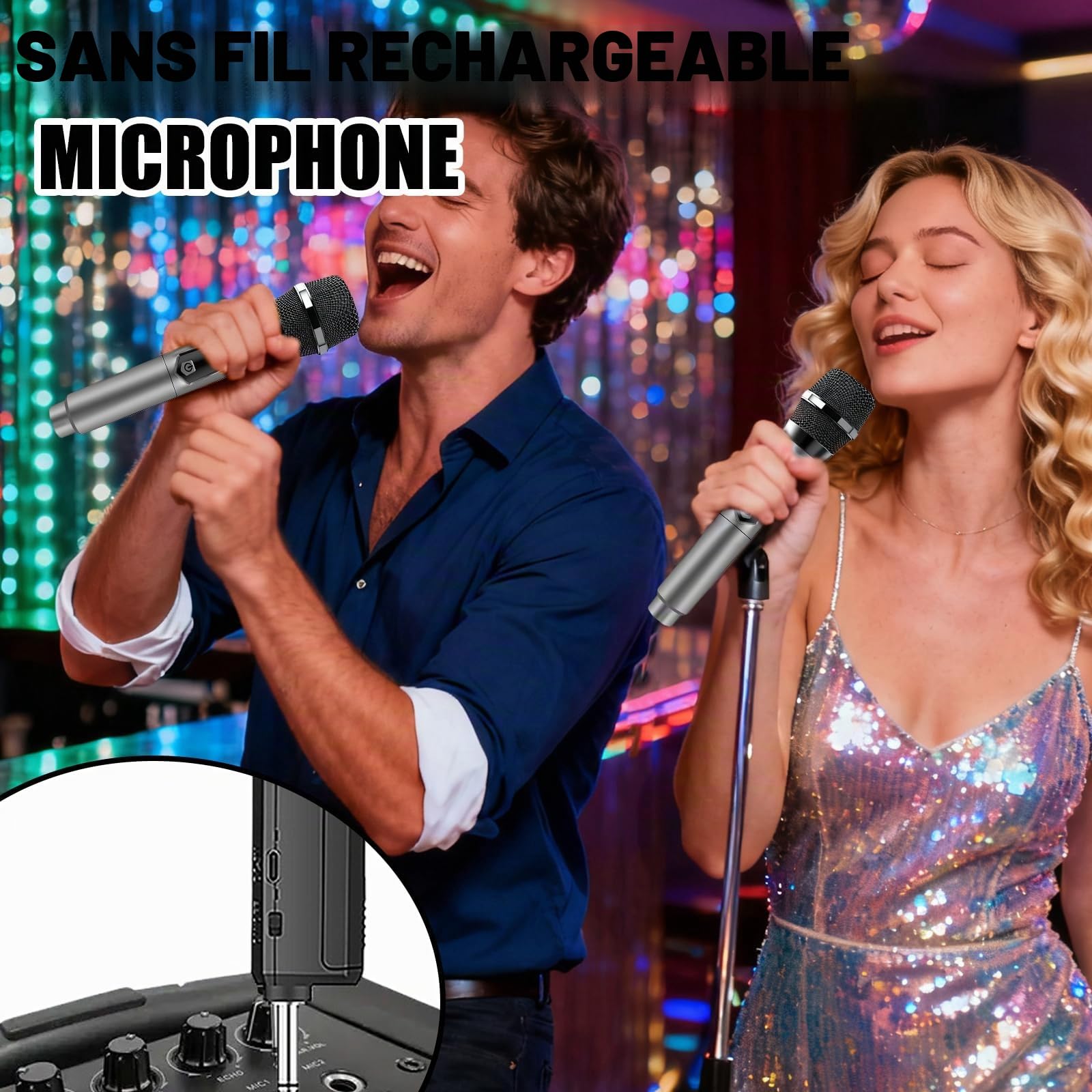 Microphone sans Fil, 2.4 GHz Microphone Karaoké Rechargeable, Système de Micro Dynamique sans Fil Double, Micro san Fils avec Récepteur pour Chanter Karaoké, Mariage, Classe, DJ, Fête, PA(Gris)