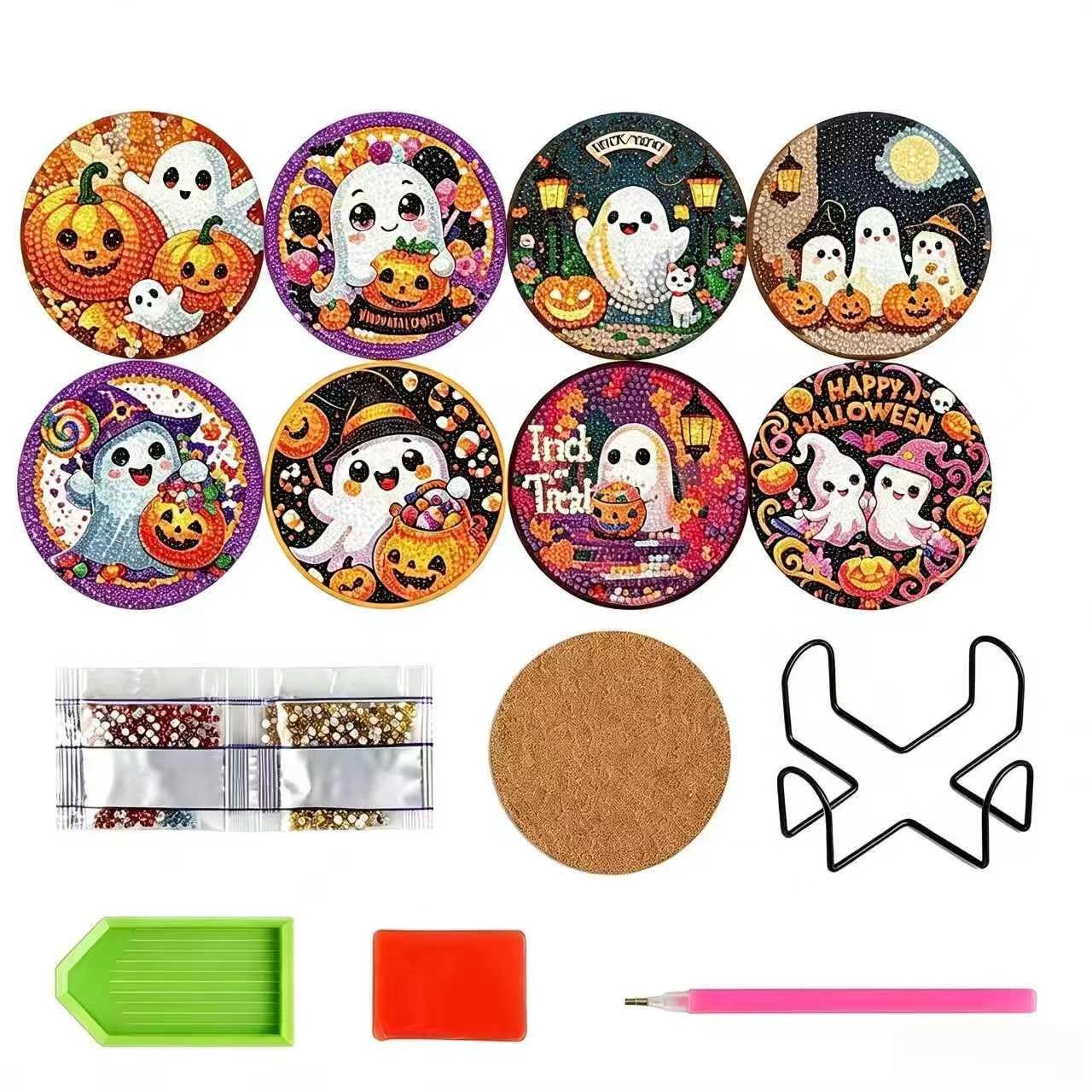 MZinge 8 Pcs Diamond Art Painting Coasters Kits,Halloween Coaster with Holder for Adults, Non-Slip DIY Dot Paint Craft Kits,5D Full Drill DIY Diamond Dot Gem Art Kit Home Decor Arts Craft — image 1