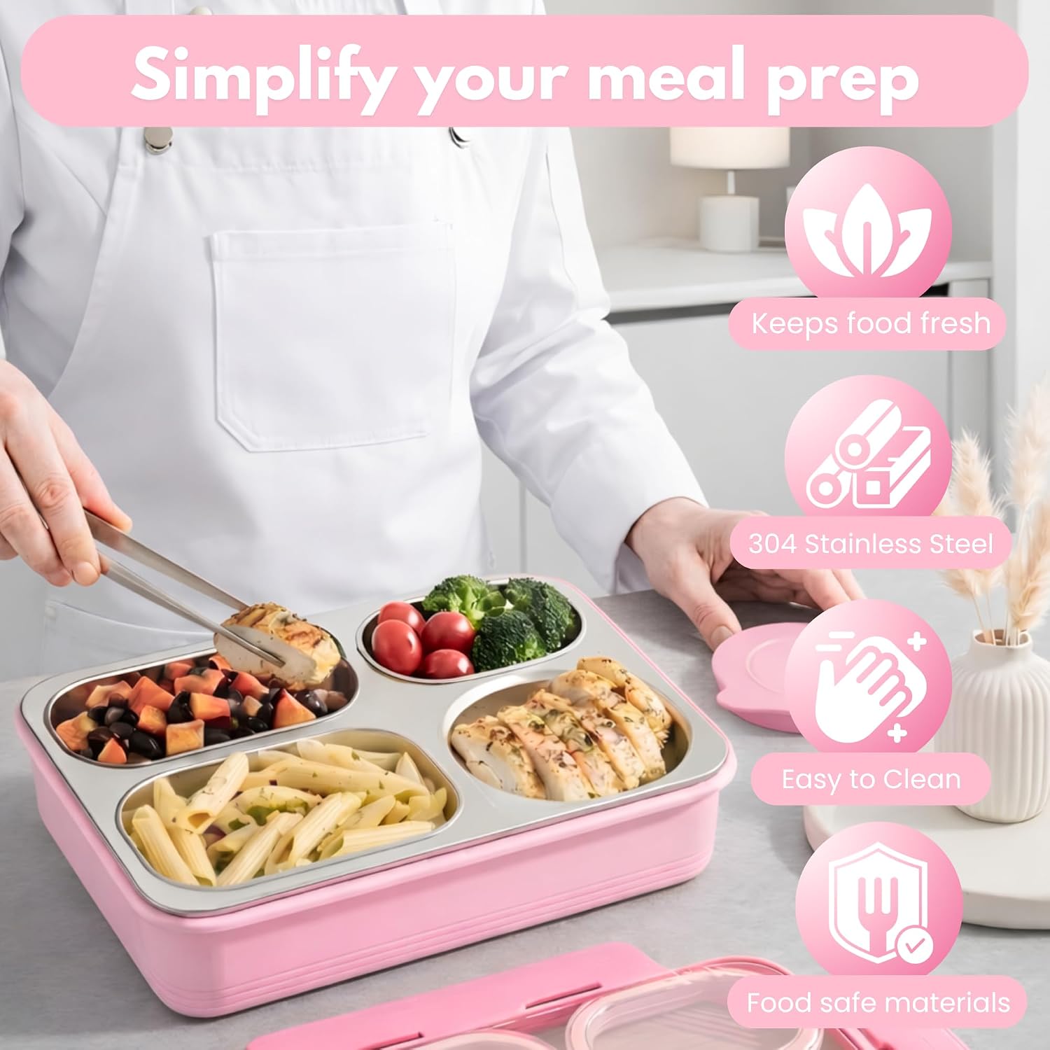 Homaze Kids Stainless Steel Bento Lunch Box, 4-Compartment Food Container with Condiment Cup, Chopsticks and Spoon, Leak-Resistant (Pink)