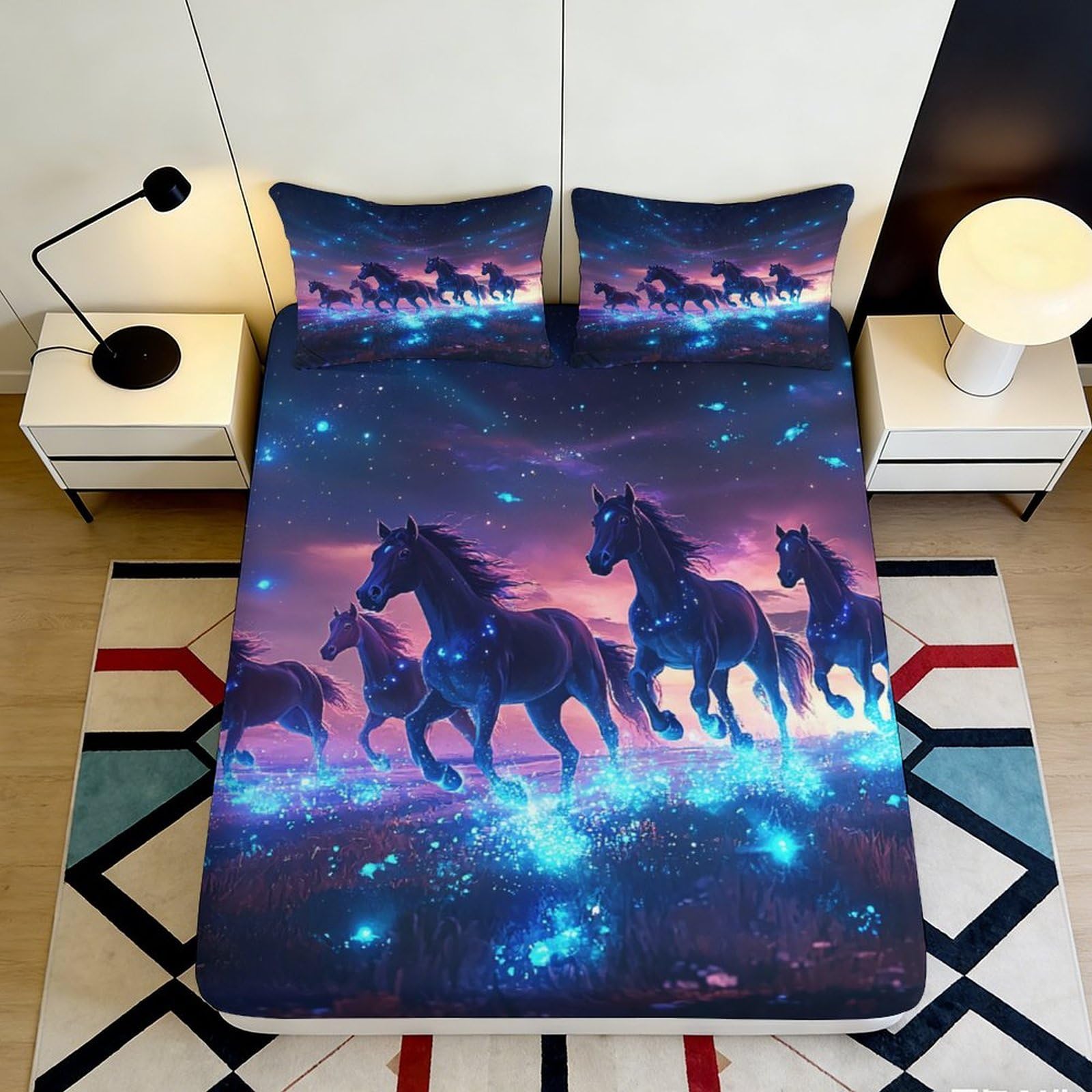 3D Printed Galaxy Starry Sky Fitted Sheet Microfiber Horses Cosmic Nebula Mattress Cover Slip Resistant Washable Decor 120x200x25cm