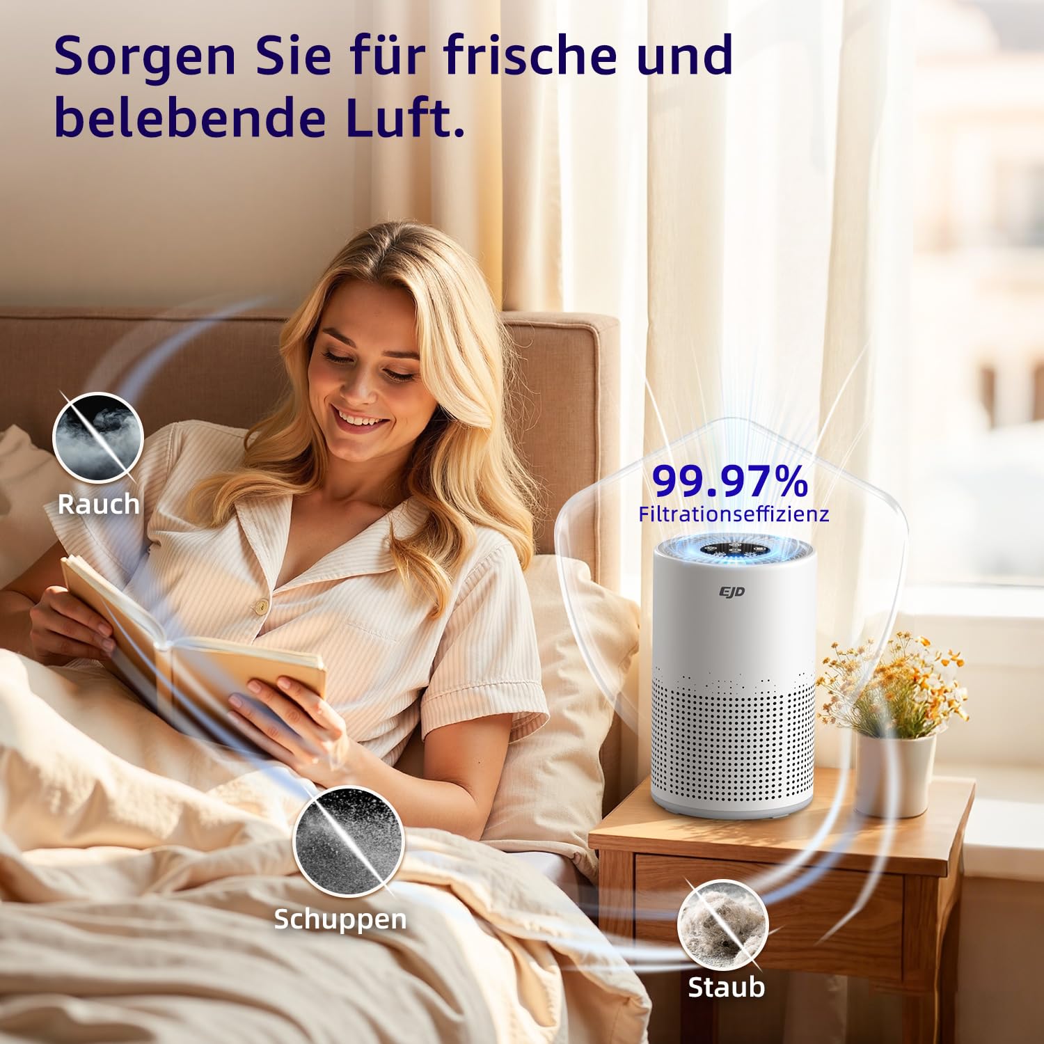 EJD Luftreiniger für Schlafzimmer und Zuhause, leiser H13 HEPA | 3-stufiger Filter, 3 Geschwindigkeiten, 12 dB Schlafmodus gegen Pollen, Staub, Tierhaare, Gerüche