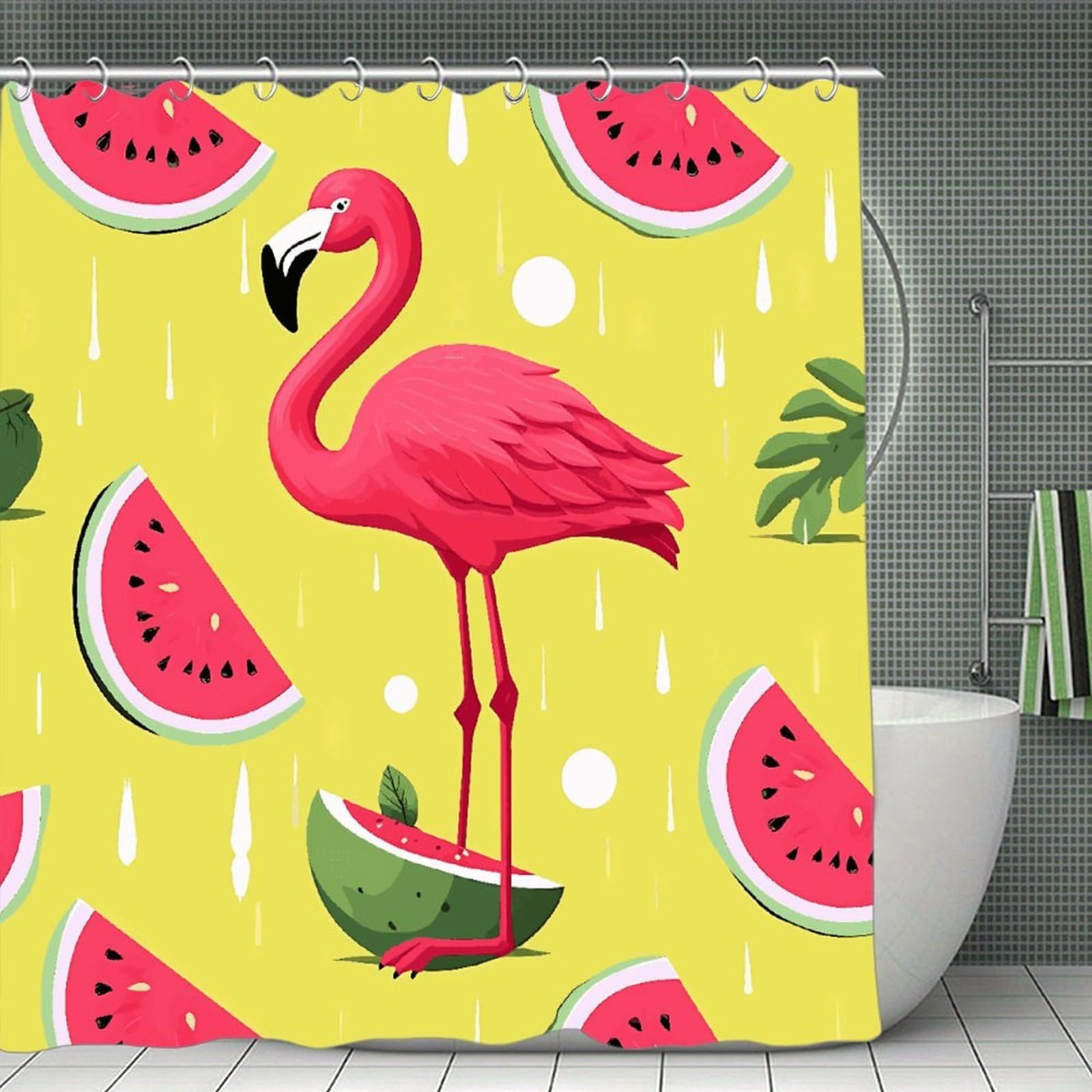 FekiLoot Pink Flamingo and Watermelon Shower Curtain Minimalist Thick Bathroom Curtain Washable Modern Bathroom Shower Curtain Heavy Duty Waterproof Cloth Bath Curtain with Hooks 70.8"x70.8"