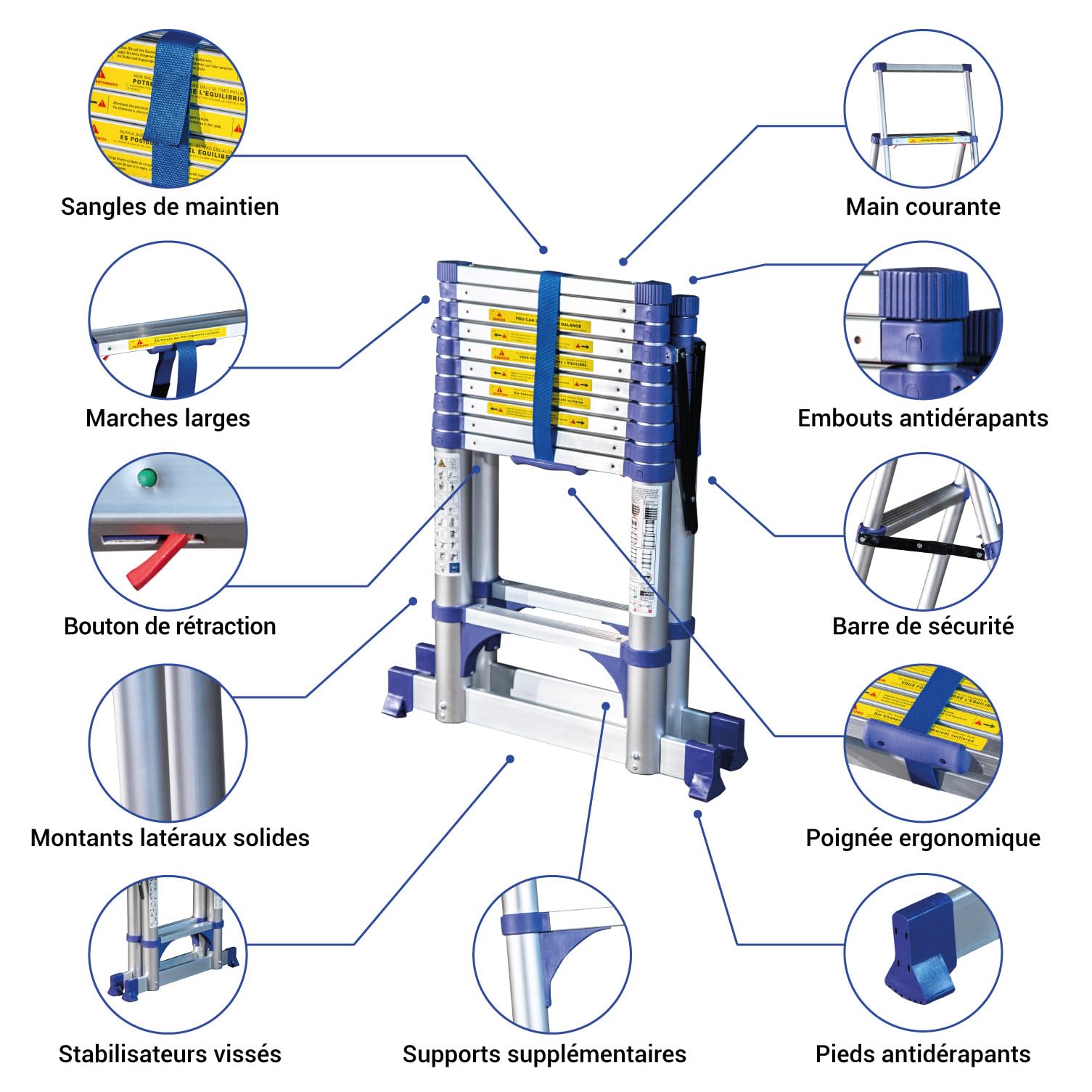 HOSTRÖM Escabeau 11 marches telescopique EXTENDACT11, Echelle telescopique 3.2m+2.9m, Pliable, Stabilisateur, H Max Travail 4.7m, Garantie 5 Ans