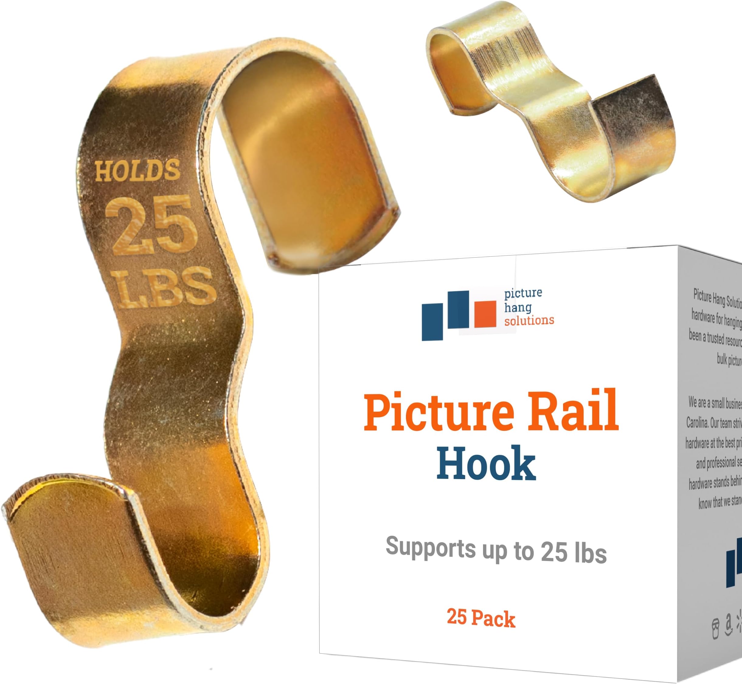 PHS Picture Rail Hooks 25 Pack - Supports up to 25 lbs - Durable Molding Hooks - Easy to Install Picture Rail Hangers for Art Hanging System, Gallery Hanging System, and Kids Artwork Display Art