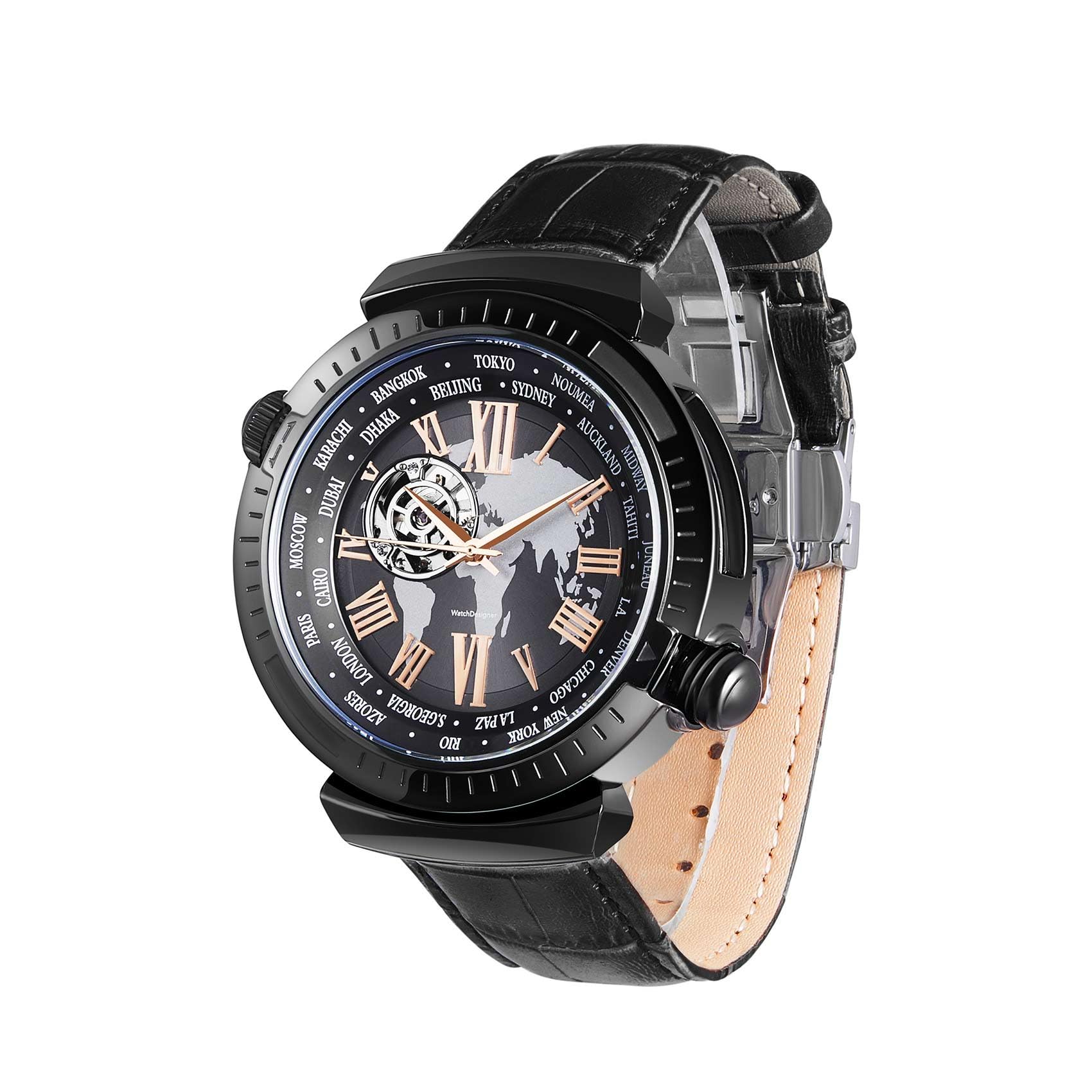 automatik Uhr Herren,Lederarmband 30-100 Meter wasserdicht mechanische Uhr,Vielseitig Mehrfarbig 44-51mm,Geschenk für Herren Uhren automatikuhren,Schwarz | Lederarmband, wasserabweisend, Weltzeit-Zifferblatt, selbstaufziehend, Skelett-Uhren für Herren (ke