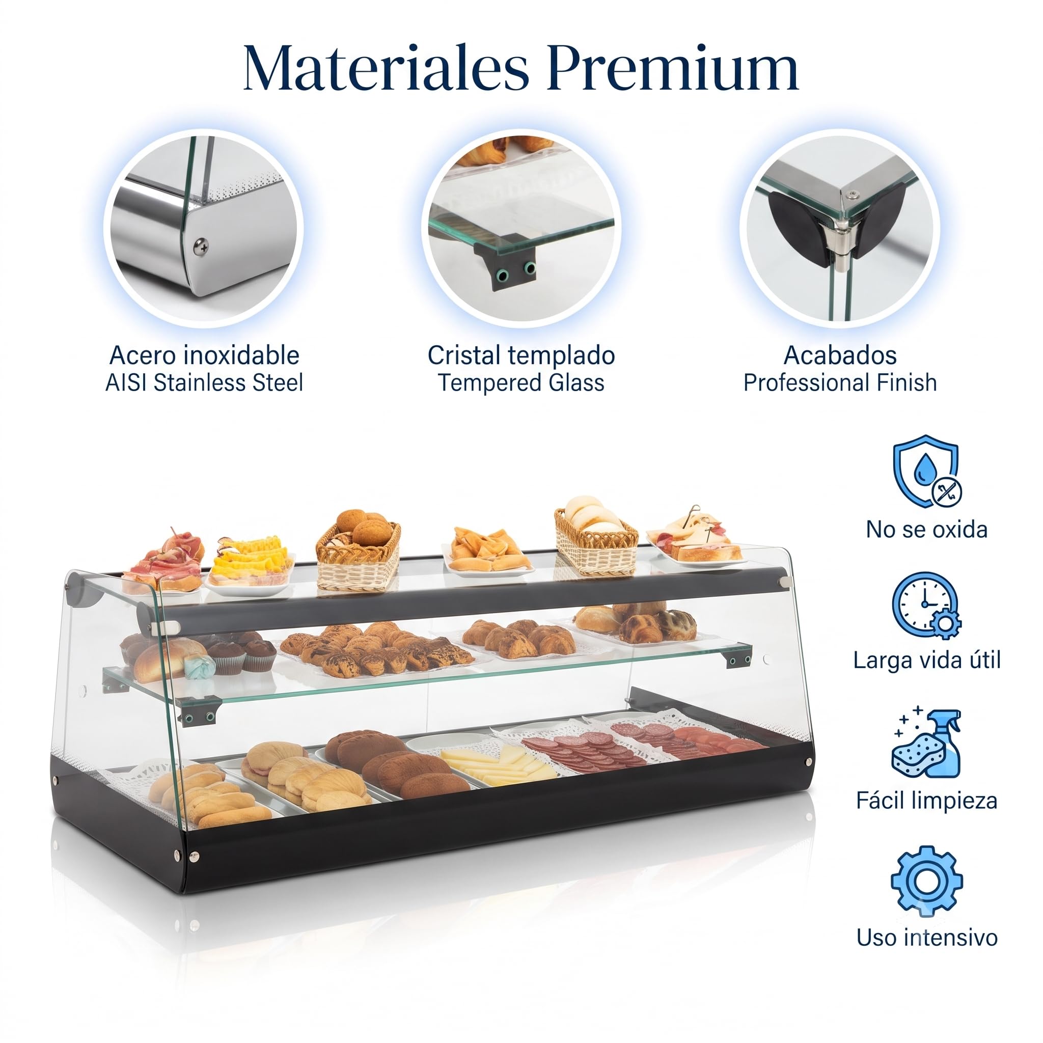Vitrina Expositora Neutra de Cristal 180,8 x 39 x 34,3 cm, 3 Niveles, Acero Inoxidable, para Bar y Mostrador