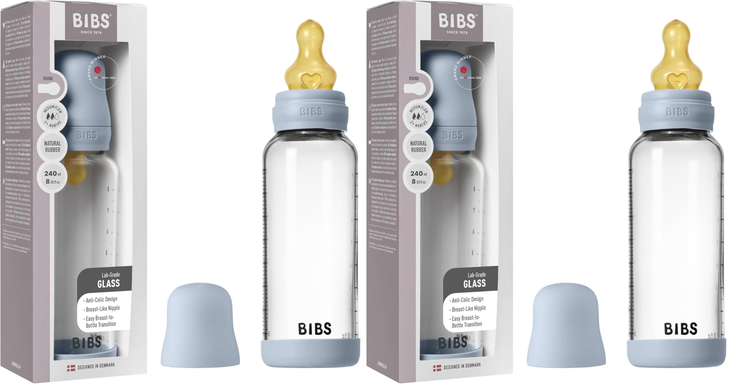 Biberon in vetro BIBS. Anti-coliche. Tettarella rotonda in lattice di gomma naturale. Favorisce l'allattamento naturale al seno. 240ml, Complete Set - Baby Blue (Confezione da 2)