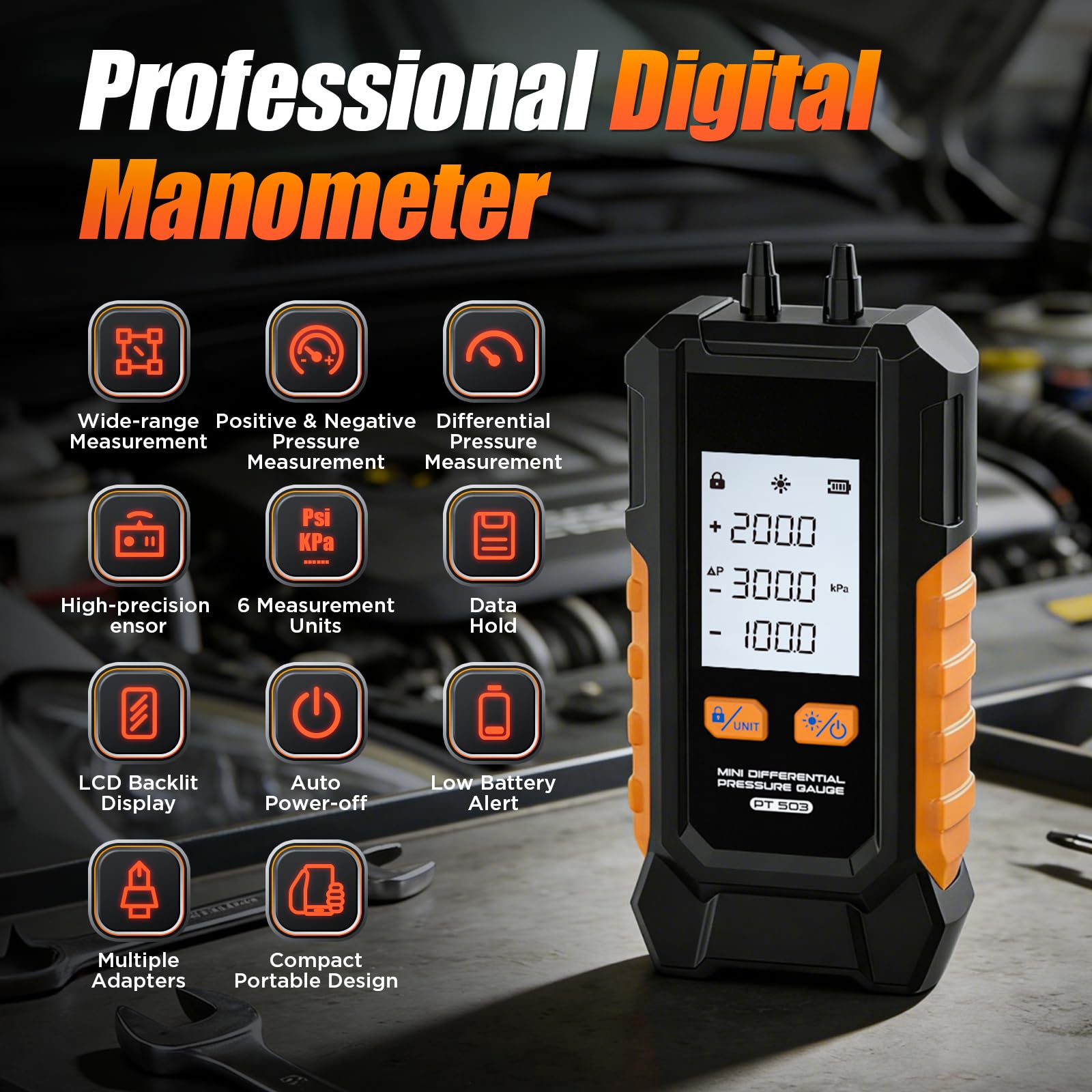 Misuratore di pressione differenziale digitale, -101-200 kPa, manometro ± 0,5% FS ad alta precisione, 6 unità, interruttore della pressione dell'aria, funzione di mantenimento dei dati, mini